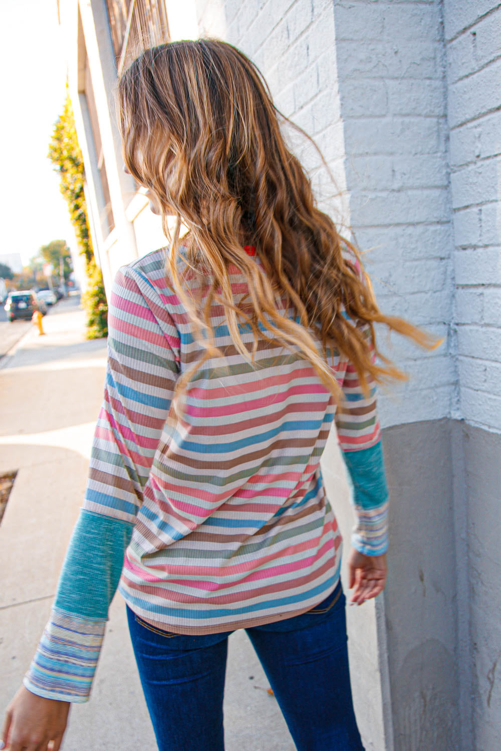 Coral Taupe Striped Ribbed Knit Top with Side Seam Detail - Casual Chic Blouse for Women, Perfect for Office, Date Night & Weekend Outings