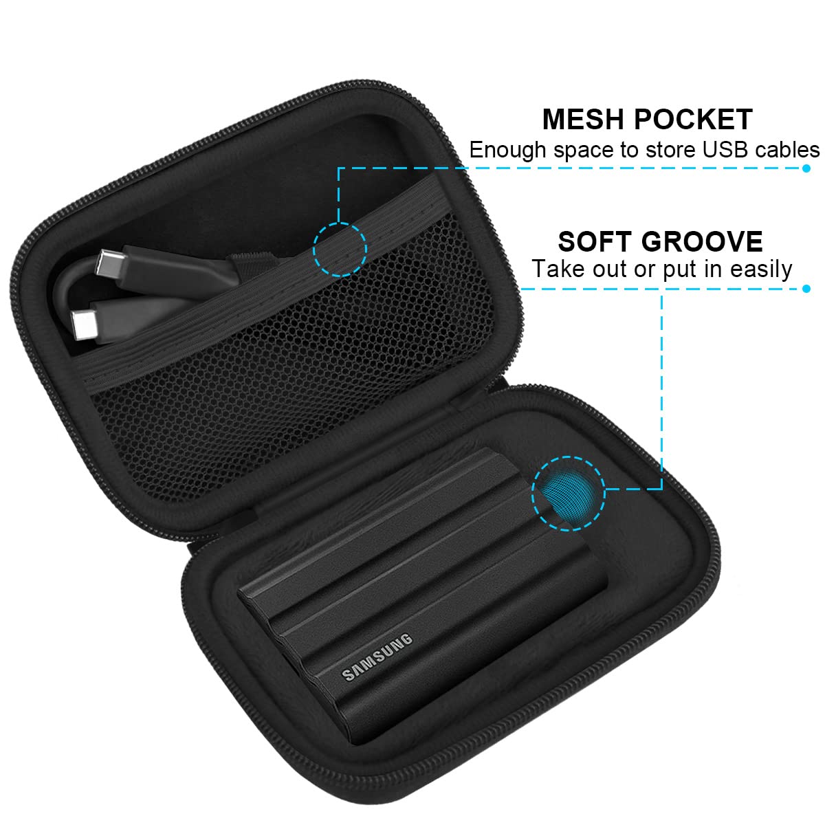 Lacdo Shockproof EVA Hard Carrying Case for Samsung T7 Shield/T7/T7 Touch Portable SSD (500GB/1TB/2TB/4TB) - USB 3.2 External SSD Travel Storage Bag (Black) - Perfect for Business Travel, Data Backup & Outdoor Adventures