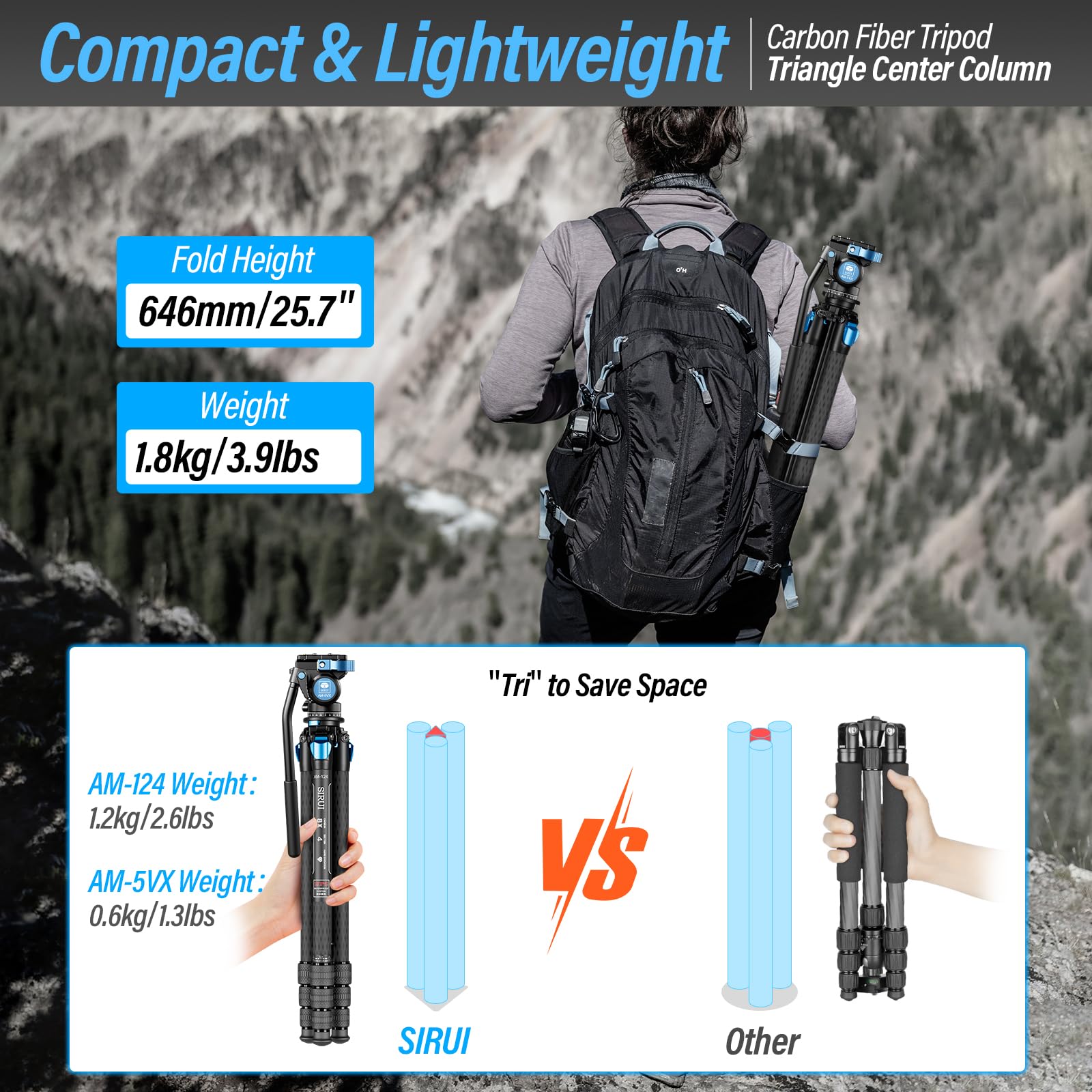 SIRUI AM-124 Carbon Fiber Tripod with AM-5VX Fluid Head - 65.6