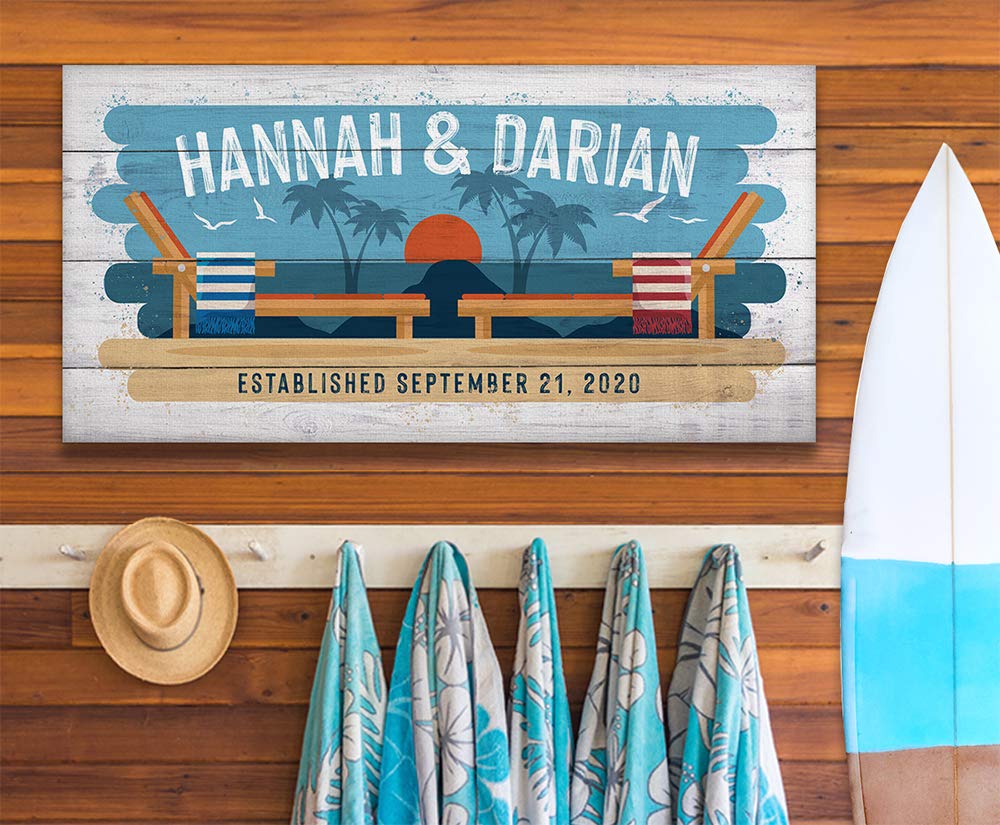 Extra Large 24x48 Personalized Beach Chairs Wood Style Canvas Art - Custom Couples Name Beach Sign, Coastal Decor with Sunset & Palm Tree Print - Perfect for Beach House, Boat & Vacation Home Decor