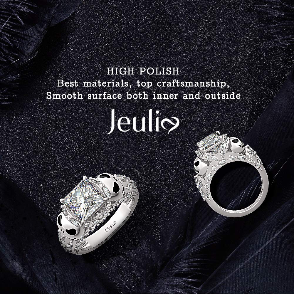Jeulia 925 Sterling Silver Jack Skull Ring for Women - Nightmare Before Christmas Inspired Princess Cut Band Ring - Romantic Anniversary & Christmas Gift for Her - Perfect for Halloween, Cosplay, and Gothic Fashion