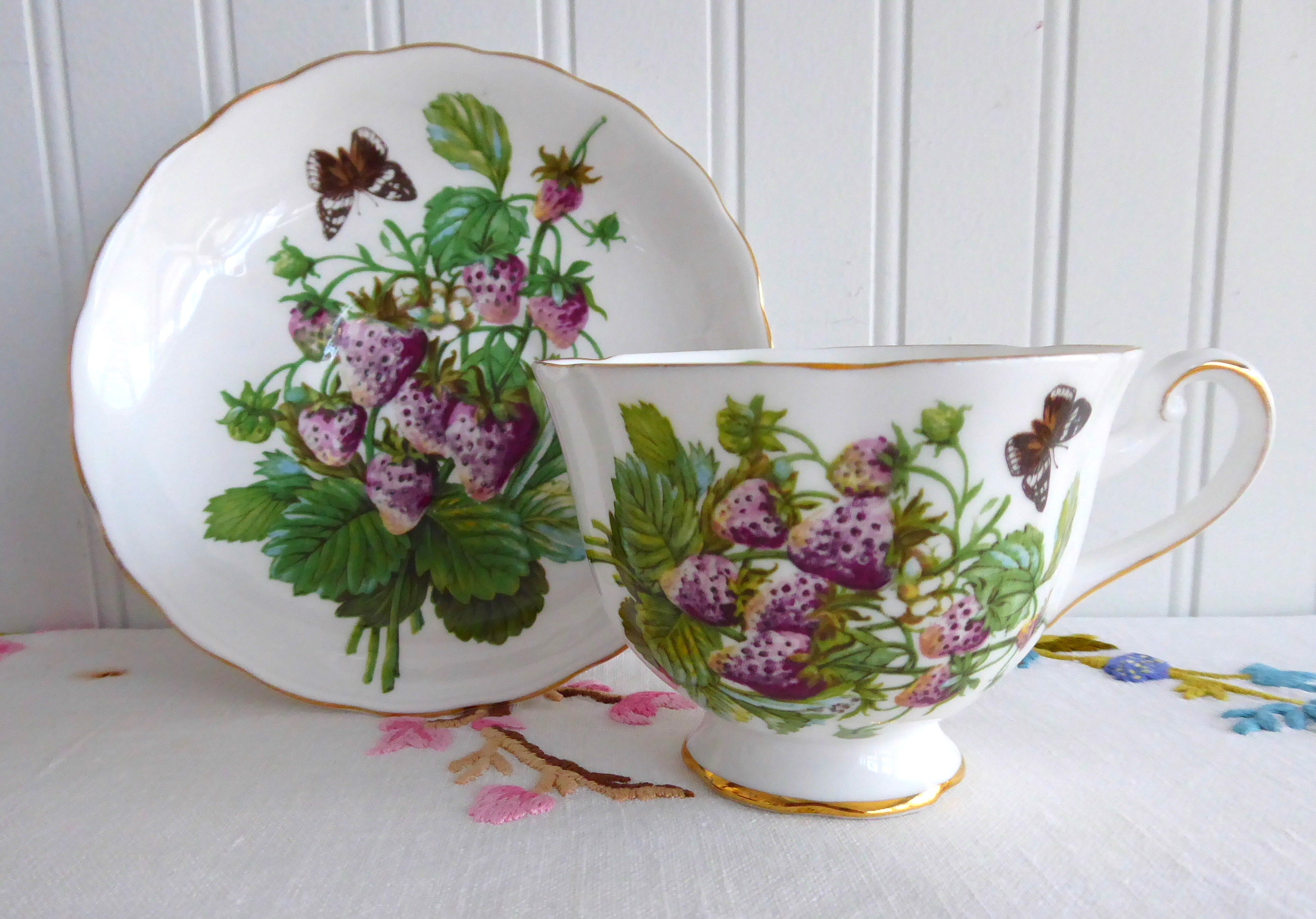 Vintage Royal Chelsea Fruit Cup and Saucer Set - England 1960s Floral Design with Pears, Strawberries & Butterflies - Perfect for Afternoon Tea, Collectible Fine China Display