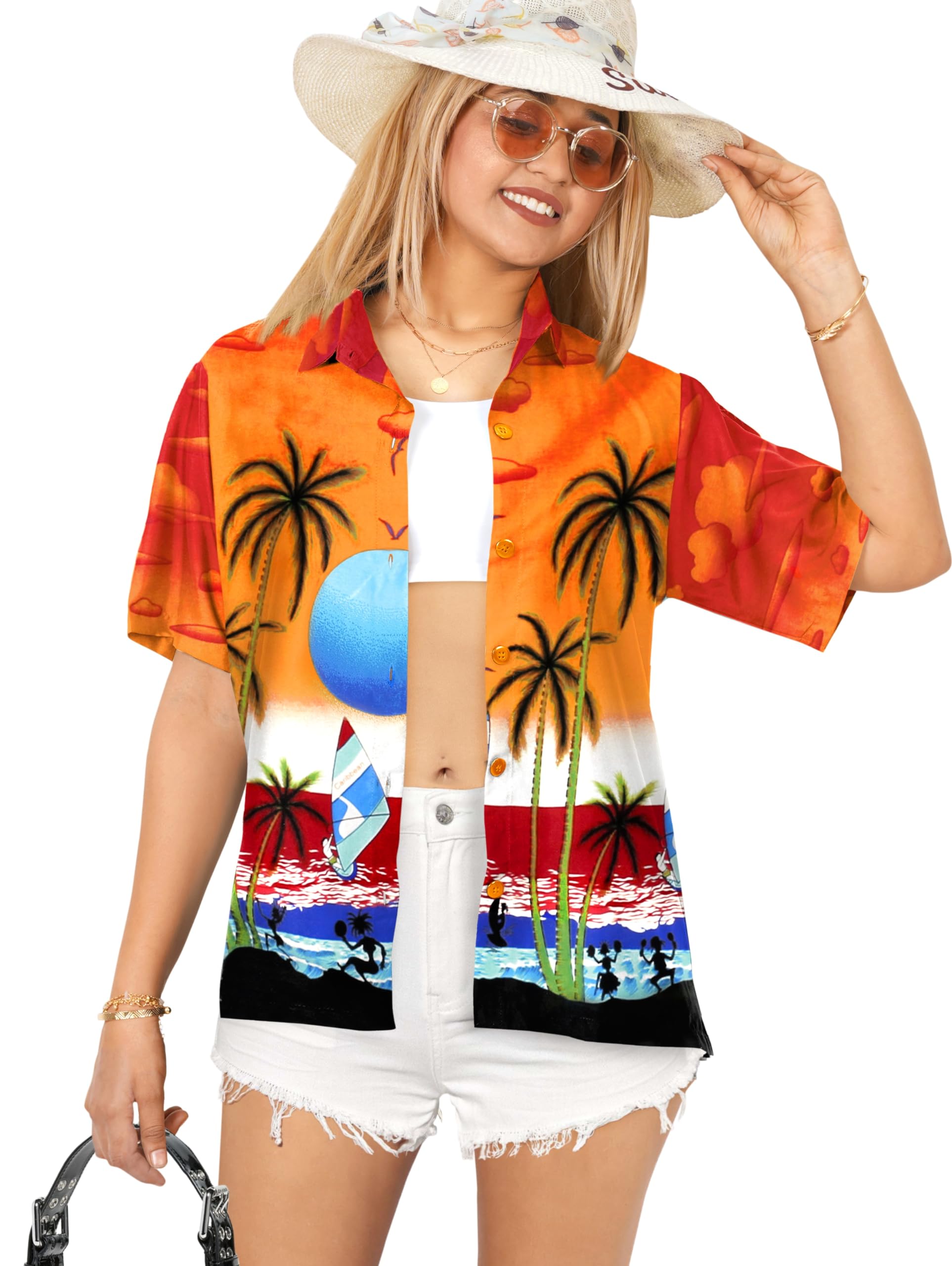 LA LEELA Women's Short Sleeve Hawaiian Beach Blouse Shirt - Floral Print Vacation Top for Summer, Pool Party & Tropical Getaways