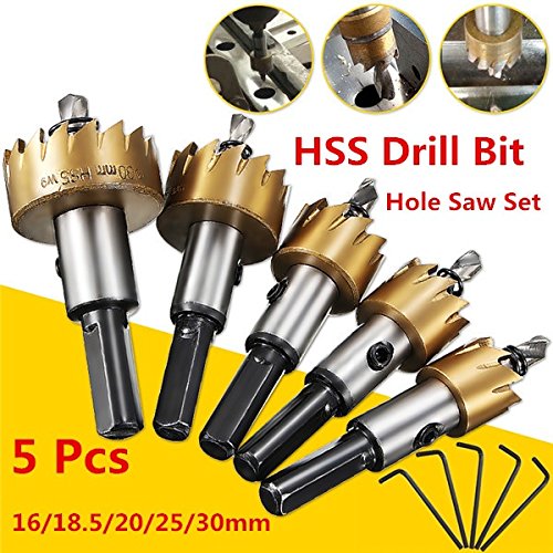 5PCS 16-30mm HSS Stainless Steel Hole Saw Drill Bit Set with Wrench - for Wood, Metal & Alloy Cutting - Perfect for DIY Projects, Home Repairs & Professional Use