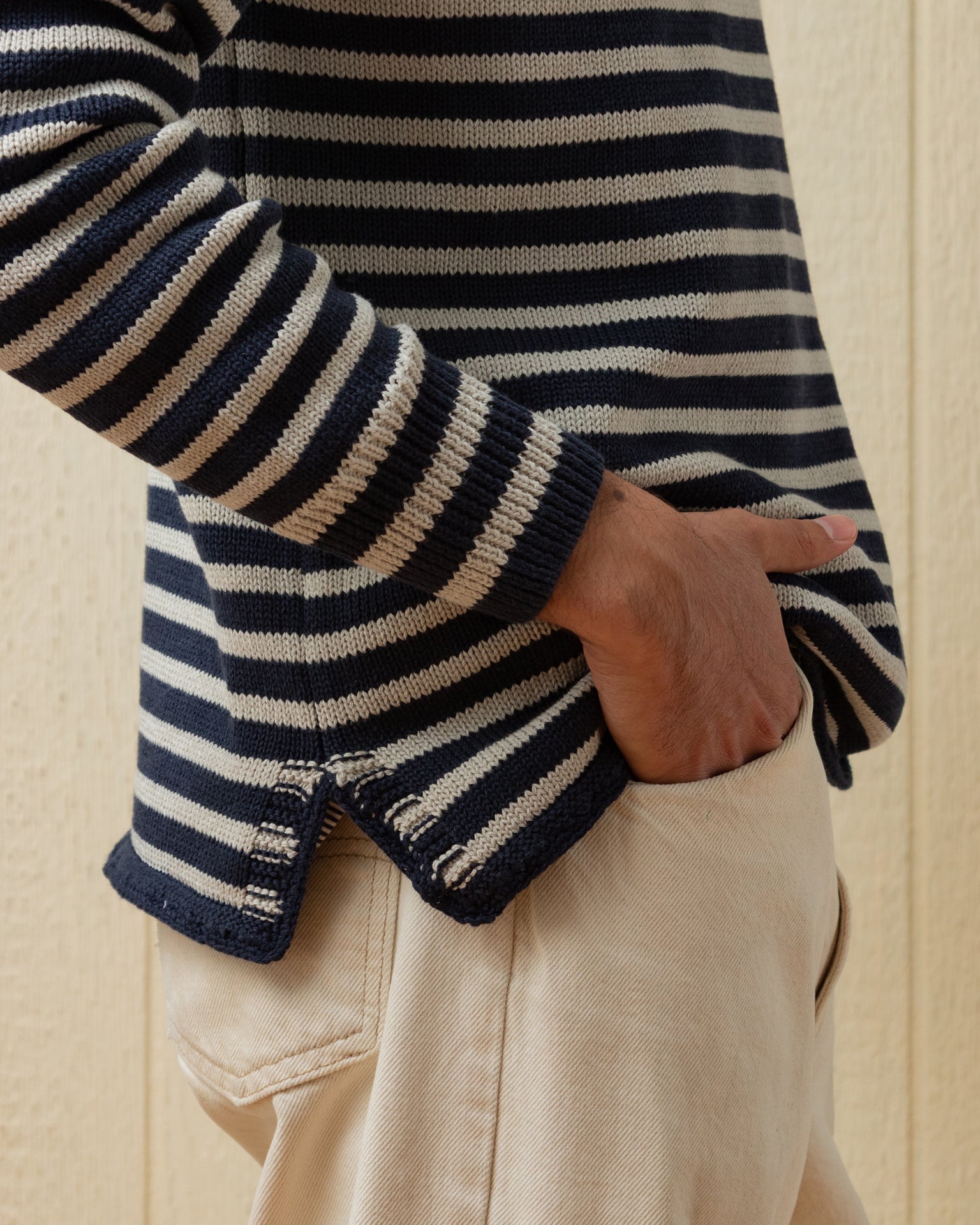 Premium Cotton Linen Blend Fisherman's Sweater - Navy & Grey Striped Pullover for Men | Cozy Casual Wear for Fall, Winter & Outdoor Activities