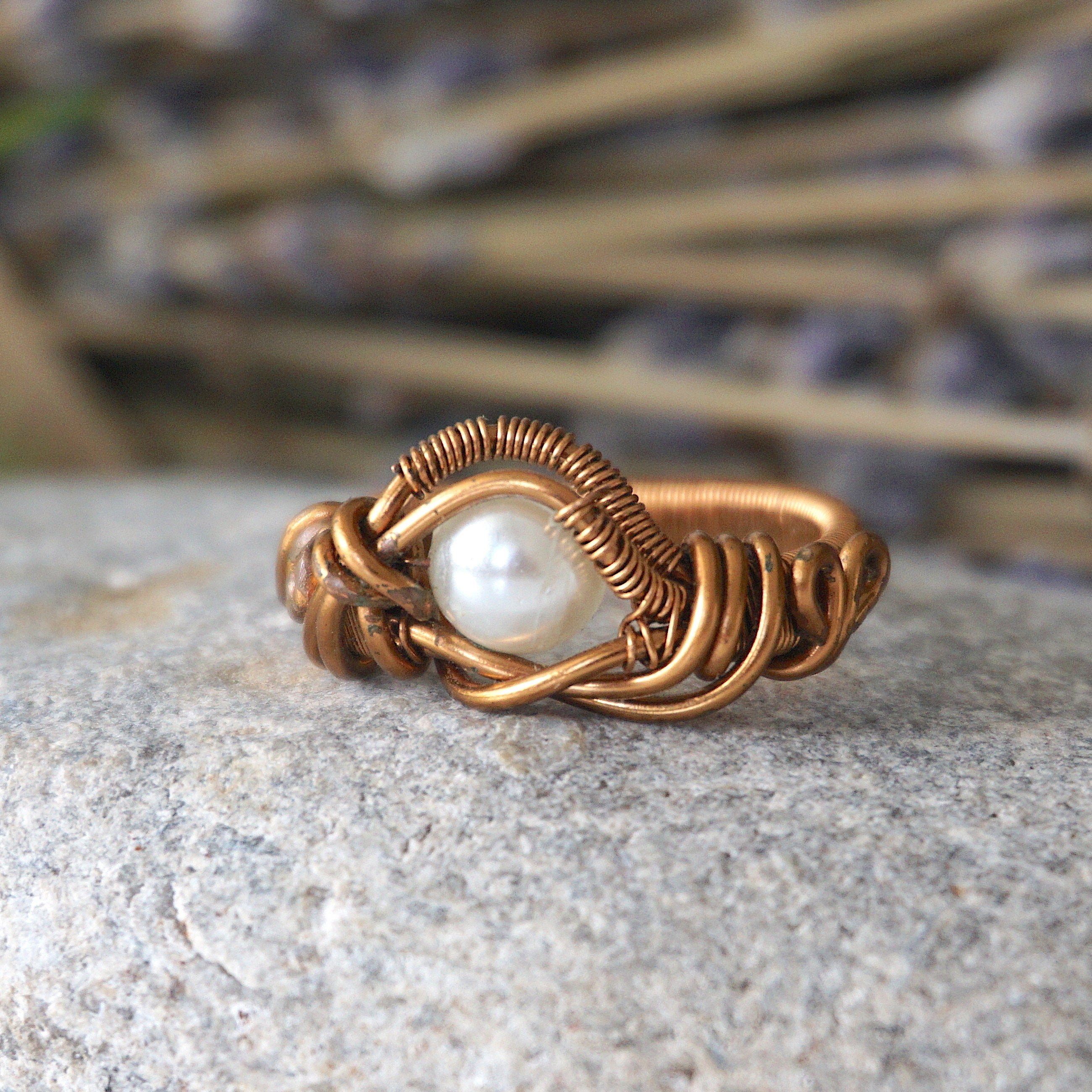 Antique Bronze Wire Wrapped Pearl Ring - Elegant Vintage Jewelry for Women, Bridal, Wedding, and Special Occasions