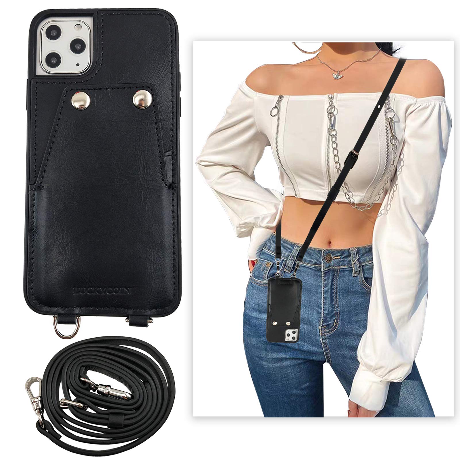 Vintage Leather Crossbody iPhone 11 Pro Max Case with Detachable Wallet & Adjustable Strap - Card Holder Pocket for 2019 iPhone 11 Pro Max 6.5