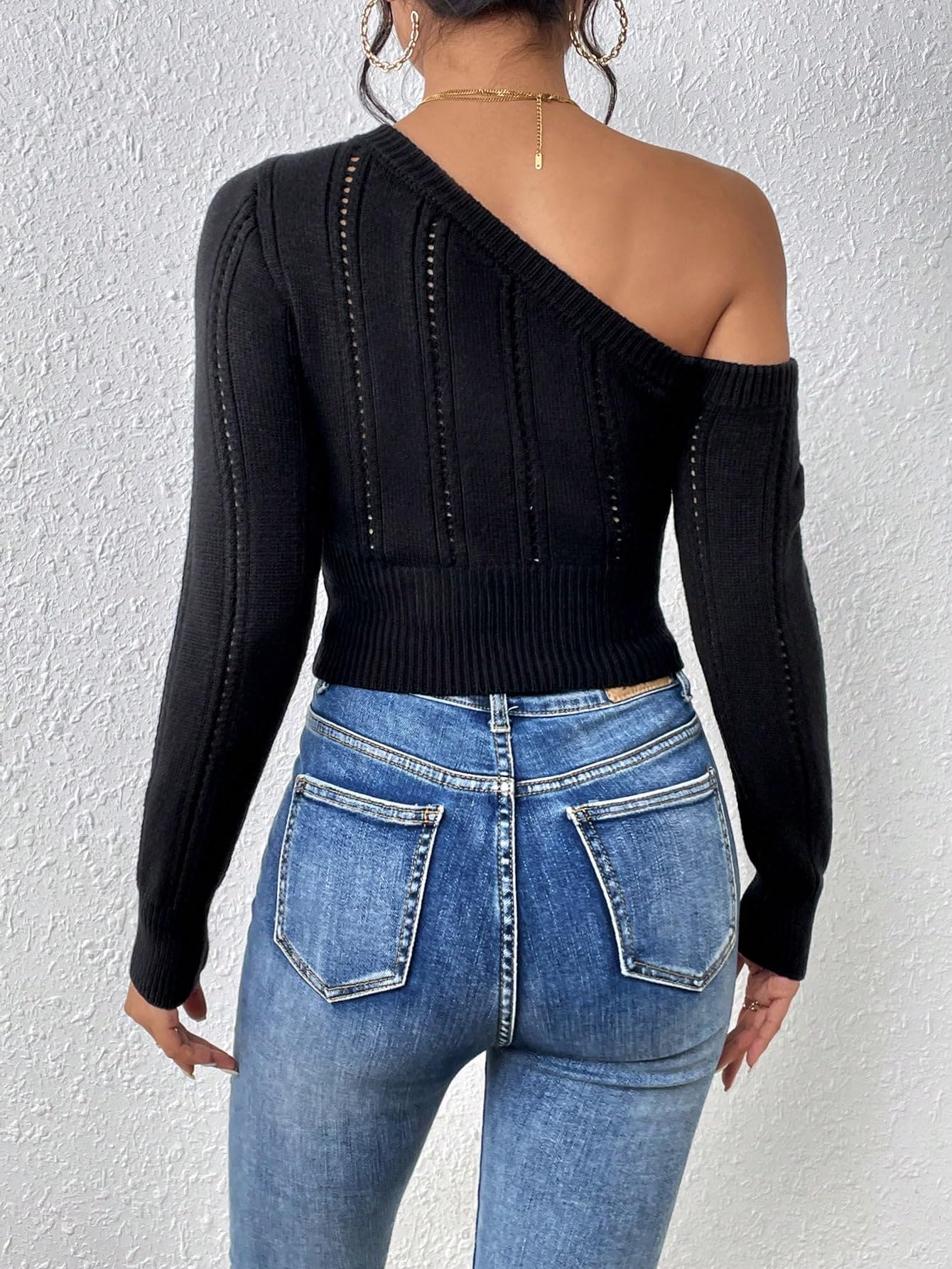 SOLY HUX Women's Off Shoulder Long Sleeve Pointelle Knit Pullover Sweater - Soft Crop Top for Casual Wear, Date Night & Fall Layering