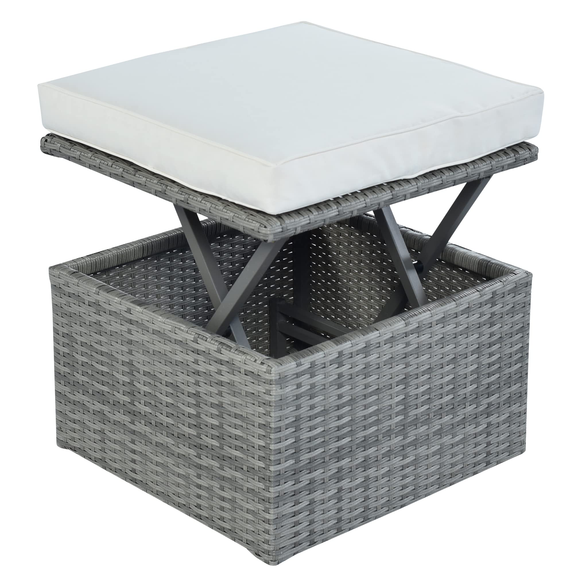 Outdoor Round Sunbed with Retractable Canopy, Coffee Table & Cushions - All-Weather Patio Furniture Set, Wicker Sectional Sofa Conversation Set for Backyard, Poolside or Garden (Beige & Blue Gray)
