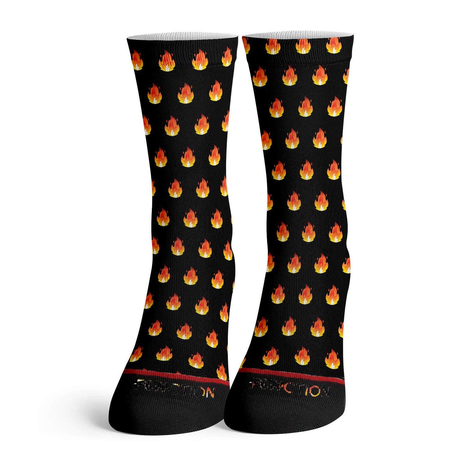Function - Fire Flame Lit AF Blaze Heat Icon Emoticon Pattern Black Fashion Socks | Trendy Cartoon Crew Socks for Men & Women | Perfect for Casual Wear, Gifts, and Street Style Outfits