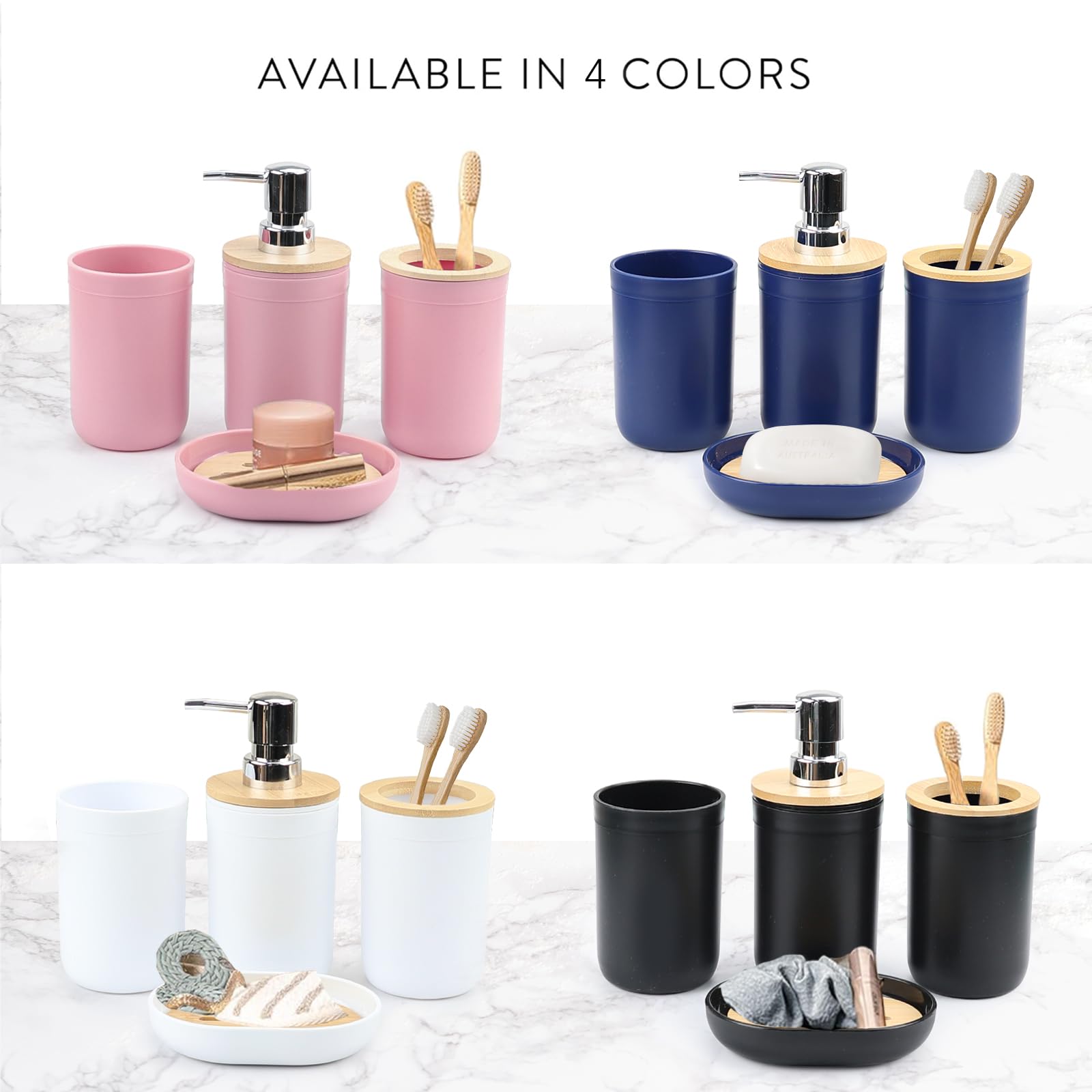 CERBIOR 6-Piece Bamboo Bathroom Accessories Set - Includes Soap Dispenser, Toothbrush Holder, Cup & Soap Dish - Modern Pink Bath Decor for Countertop - Perfect Housewarming Gift for Home & Apartment Decor