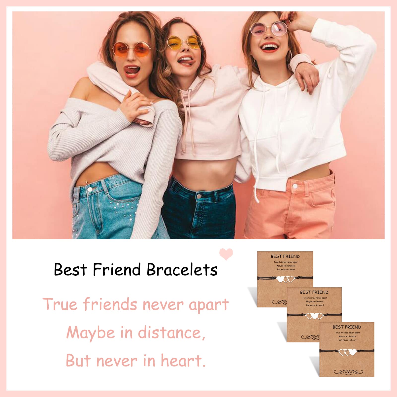 Best Friend Bracelets Set of 3 - Adjustable Matching Heart BFF Bracelets for Women, Cute Trio Friendship Jewelry - Perfect Birthday Gifts for Besties, Sisters & Couples | Wear to Parties, Travel or Daily Life