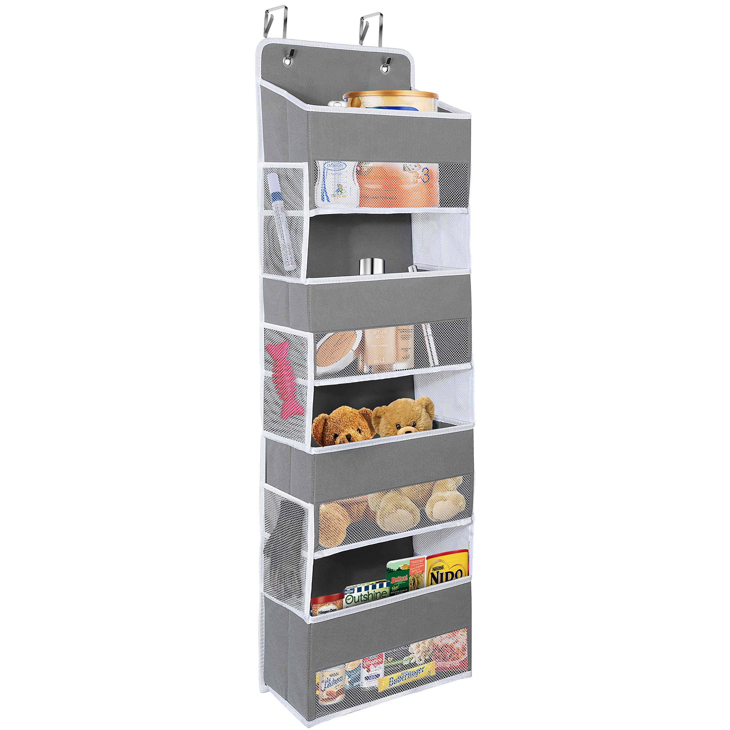 Coastal Rose Over the Door Organizer with 4 Large Pockets & 6 Mesh Side Pockets - Baby Storage Organizer with Clear Window - Hanging Door Organizer for Nursery, Bathroom, Dorm & Closet - Grey - Perfect for Baby Essentials, Bathroom Toiletries & Small Item Organization