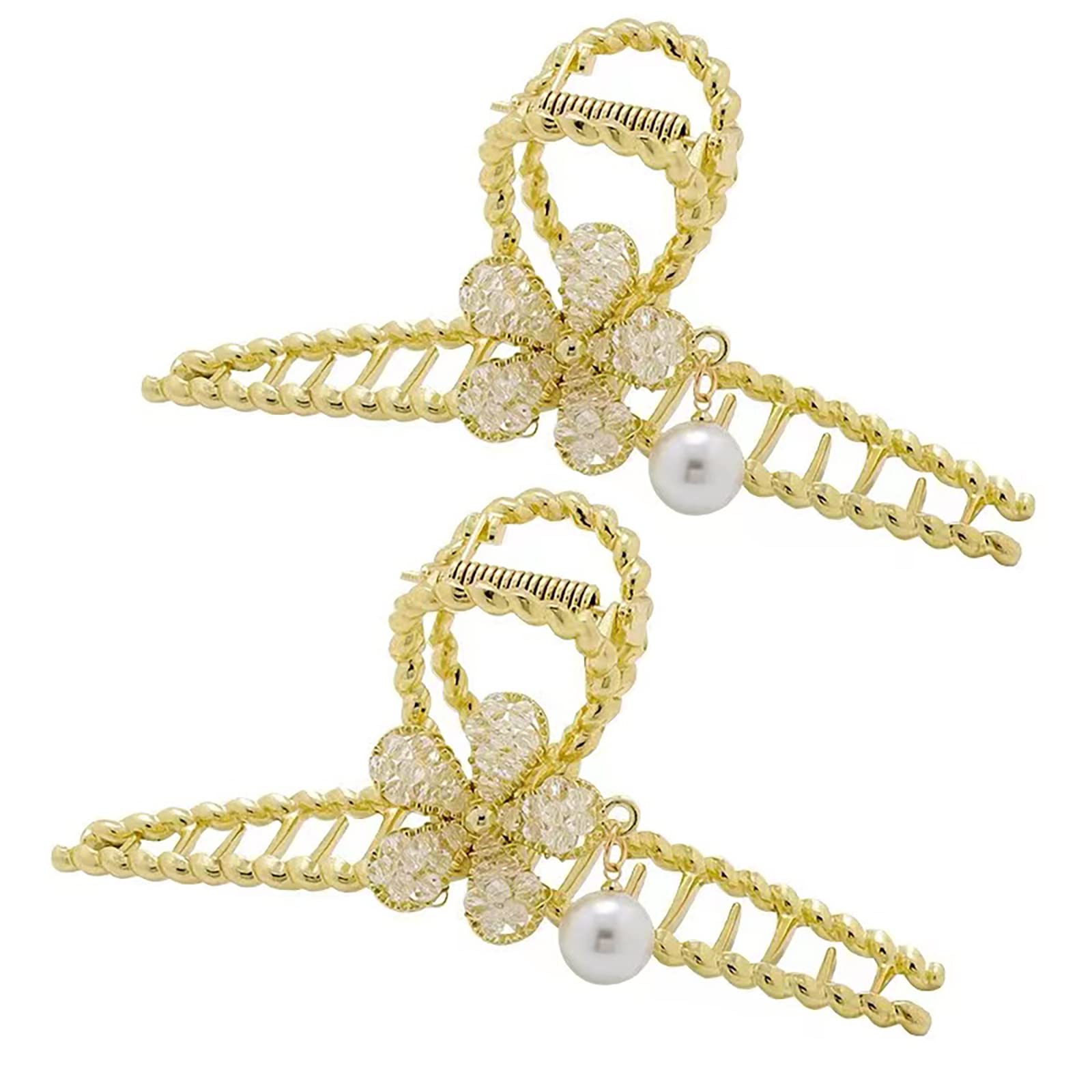 Elegant Crystal Flower Hair Clips for Women - Gold Metal Claw Hairpins for Thick Hair | Non-Slip Pearl Hair Accessories for Women & Girls | Perfect for Weddings, Parties & Daily Styling