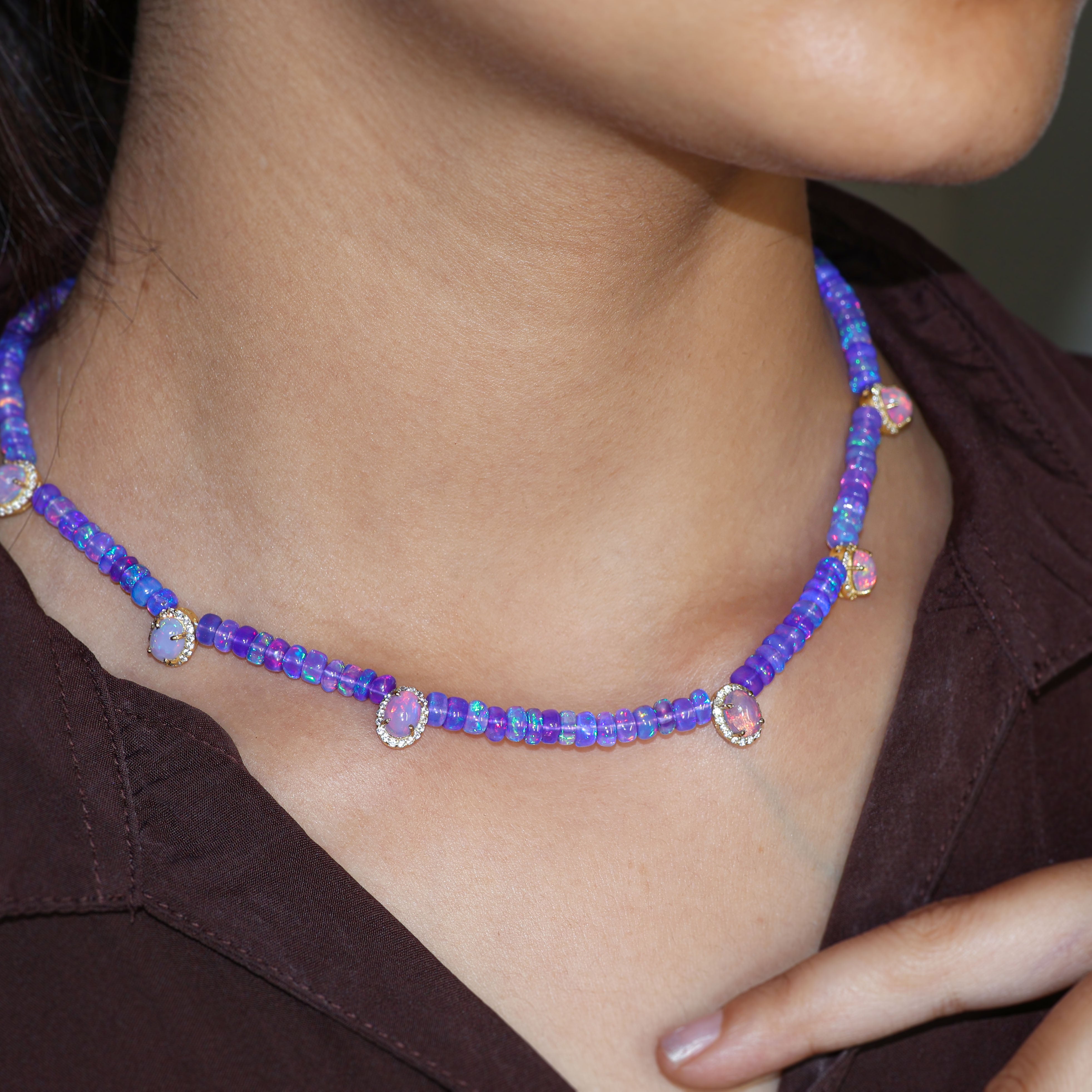 Lavender Opal Beads Necklace with White Zircon - Elegant Designer Jewelry for Women, Perfect for Weddings, Parties & Special Occasions