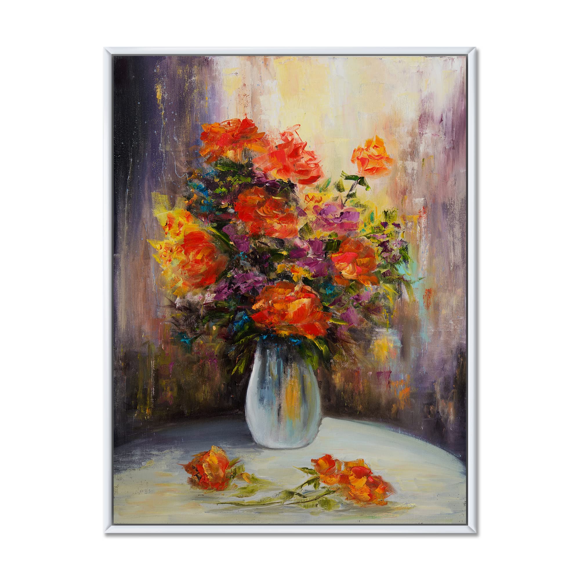 DesignQ Still Life Bouquet with Red & Yellow Flowers - Traditional Framed Canvas Wall Art Print - Perfect for Living Room, Bedroom & Office Decor