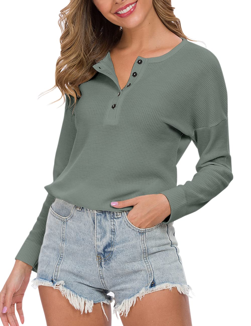 WNEEDU Women's Waffle Knit Tunic Top - Loose Fit Long Sleeve Button Up V-Neck Henley Shirt for Casual Wear & Layering | Fall Winter Fashion Essential