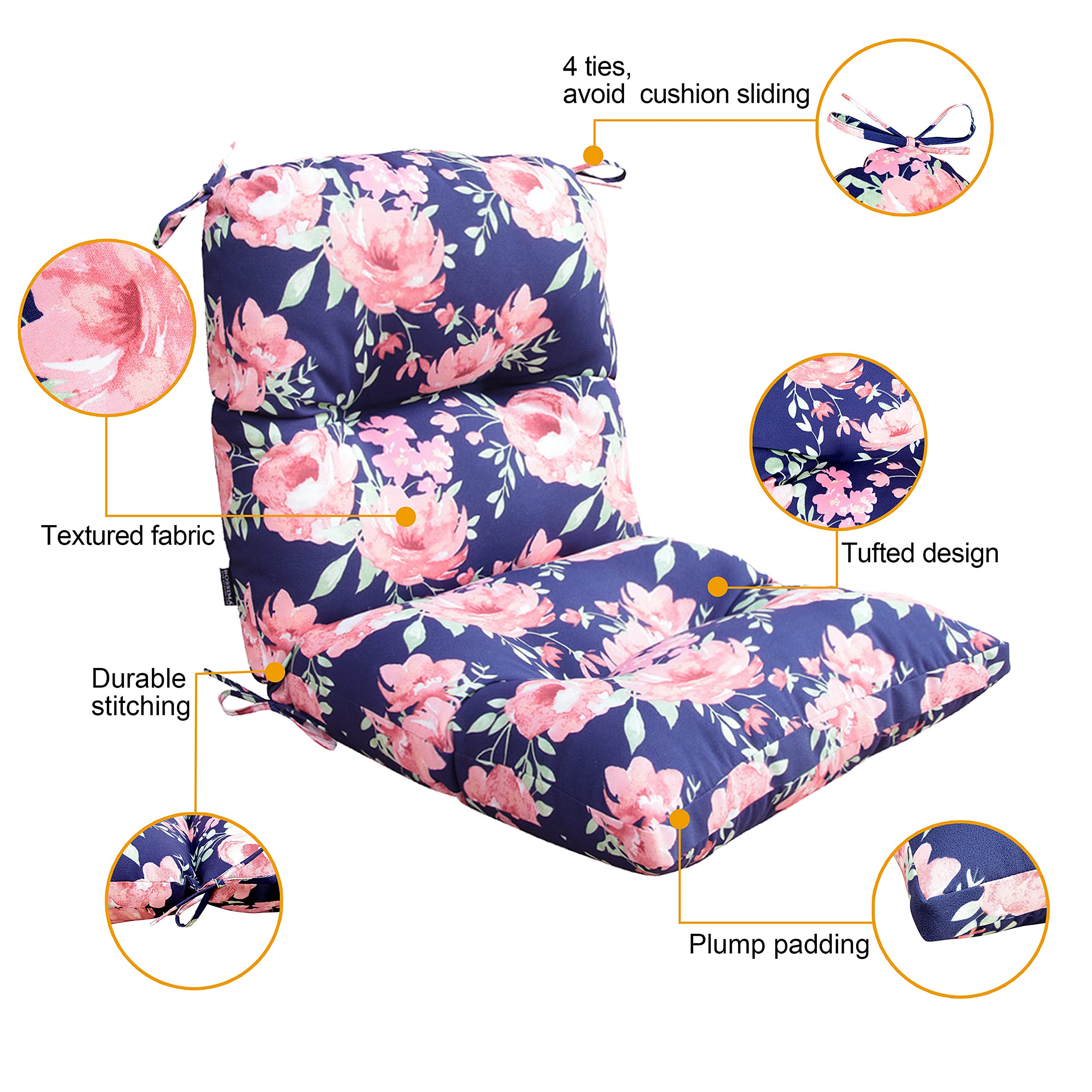 BOSSIMA High Back Chair Cushions Set of 2 - Tufted Thick Comfort Replacement Cushions for Outdoor & Indoor Use, Pink Floral Design - Perfect for Patio, Garden, Deck, and Living Room Seating