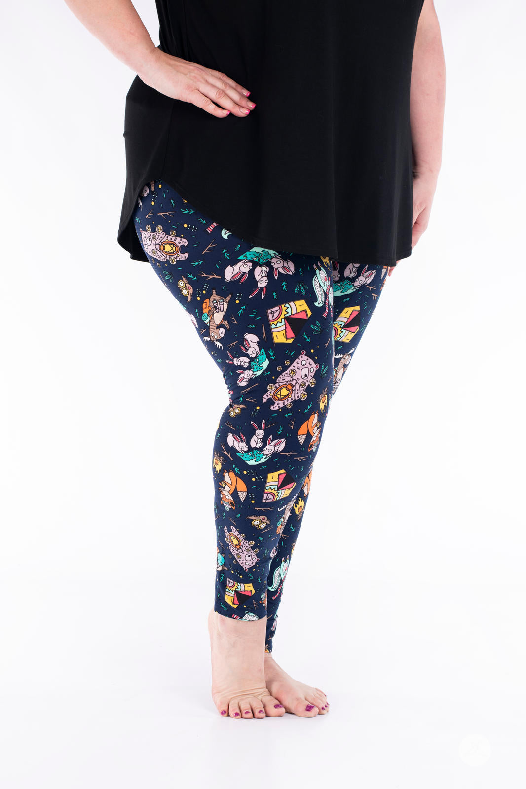 Happy Camper Patterned Leggings for Women - Comfortable Outdoor Hiking Yoga Pants with Fun Print - Perfect for Camping, Travel & Workout