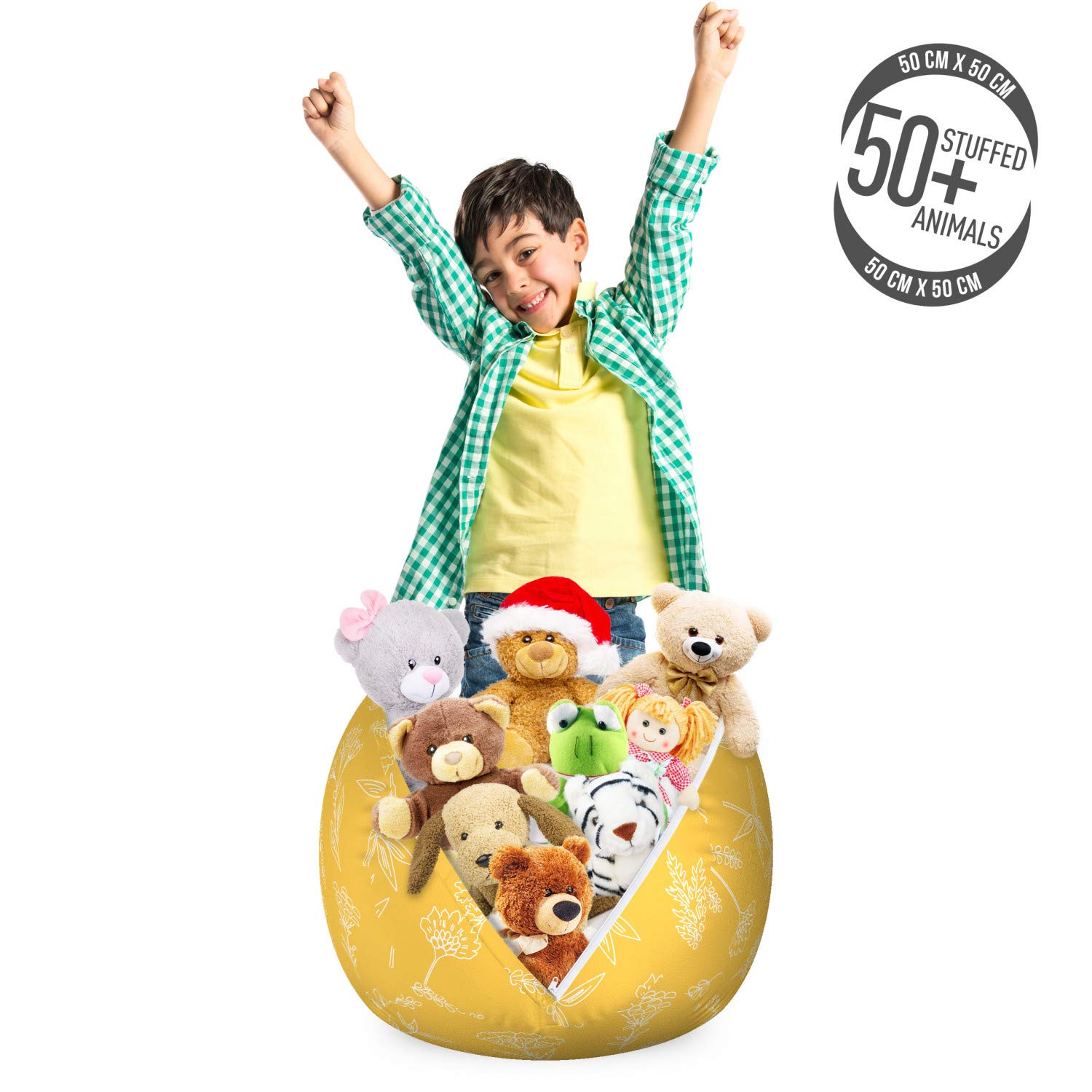 Ambesonne Floral Storage Toy Bag Chair - Washable Stuffed Animal Organizer with Forest Wildflowers Outline Drawings, Small Size in Mustard & White | Perfect for Kids' Room, Nursery, Playroom & Home Organization