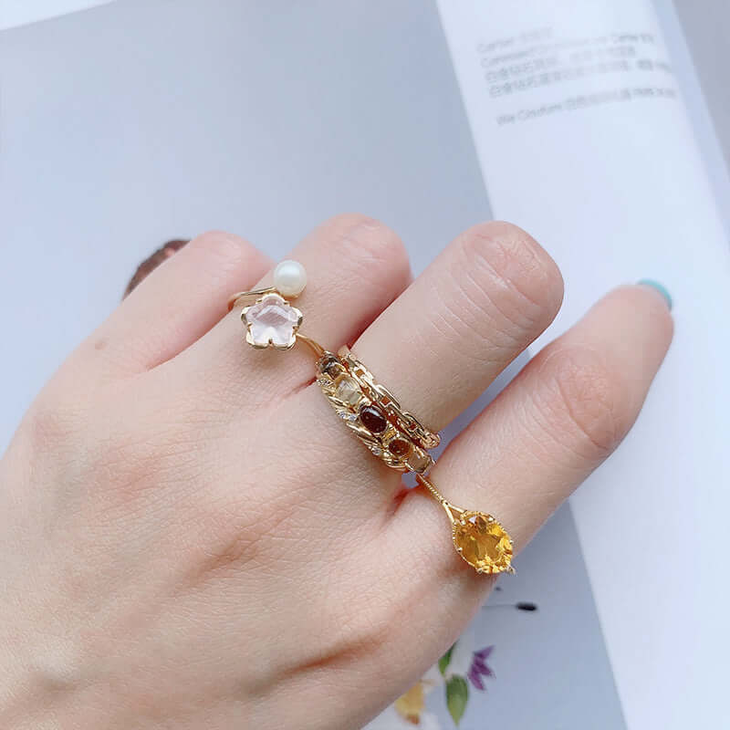Vintage Citrine Smoky Quartz Stacking Rings Set for Women - Adjustable Bohemian Style Jewelry Gift for Birthday, Anniversary & Everyday Wear | TB1502