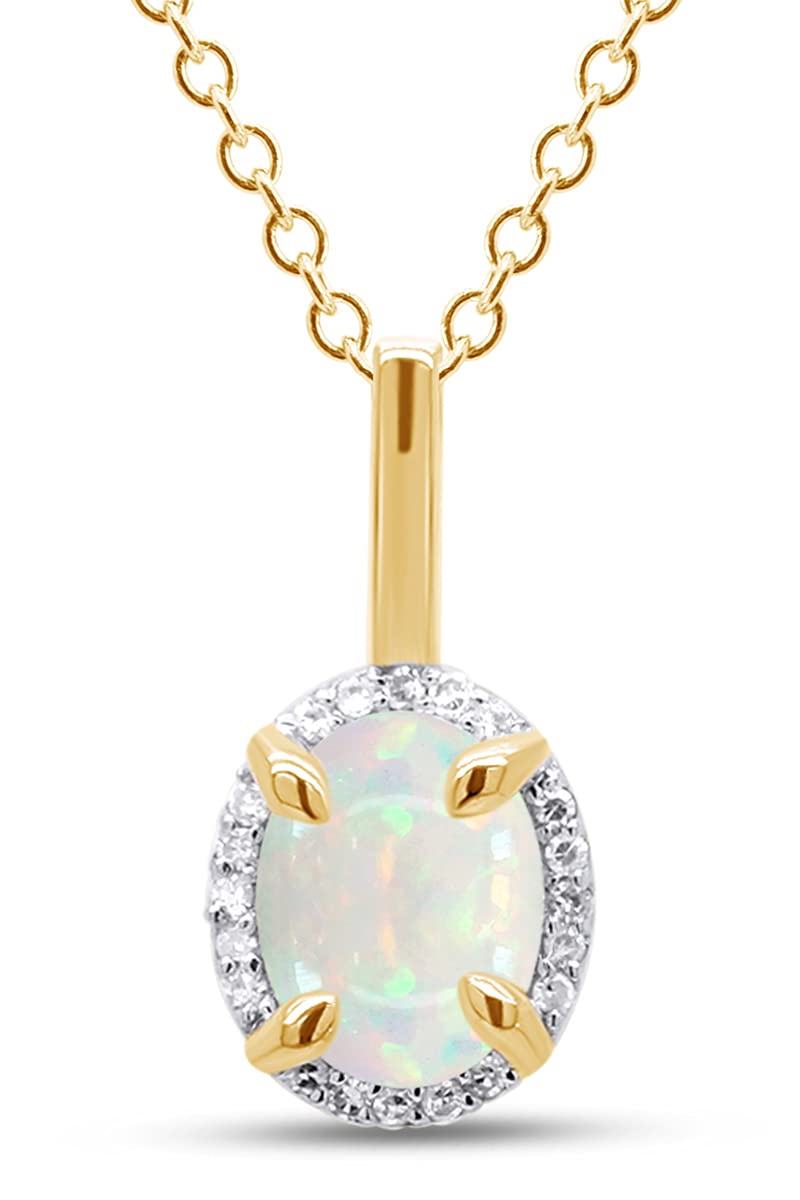 GEMVIO 6x8mm Oval Cut Natural White Opal & Diamond Halo Pendant Necklace in 10K, 14K or 18K Solid Gold - 18