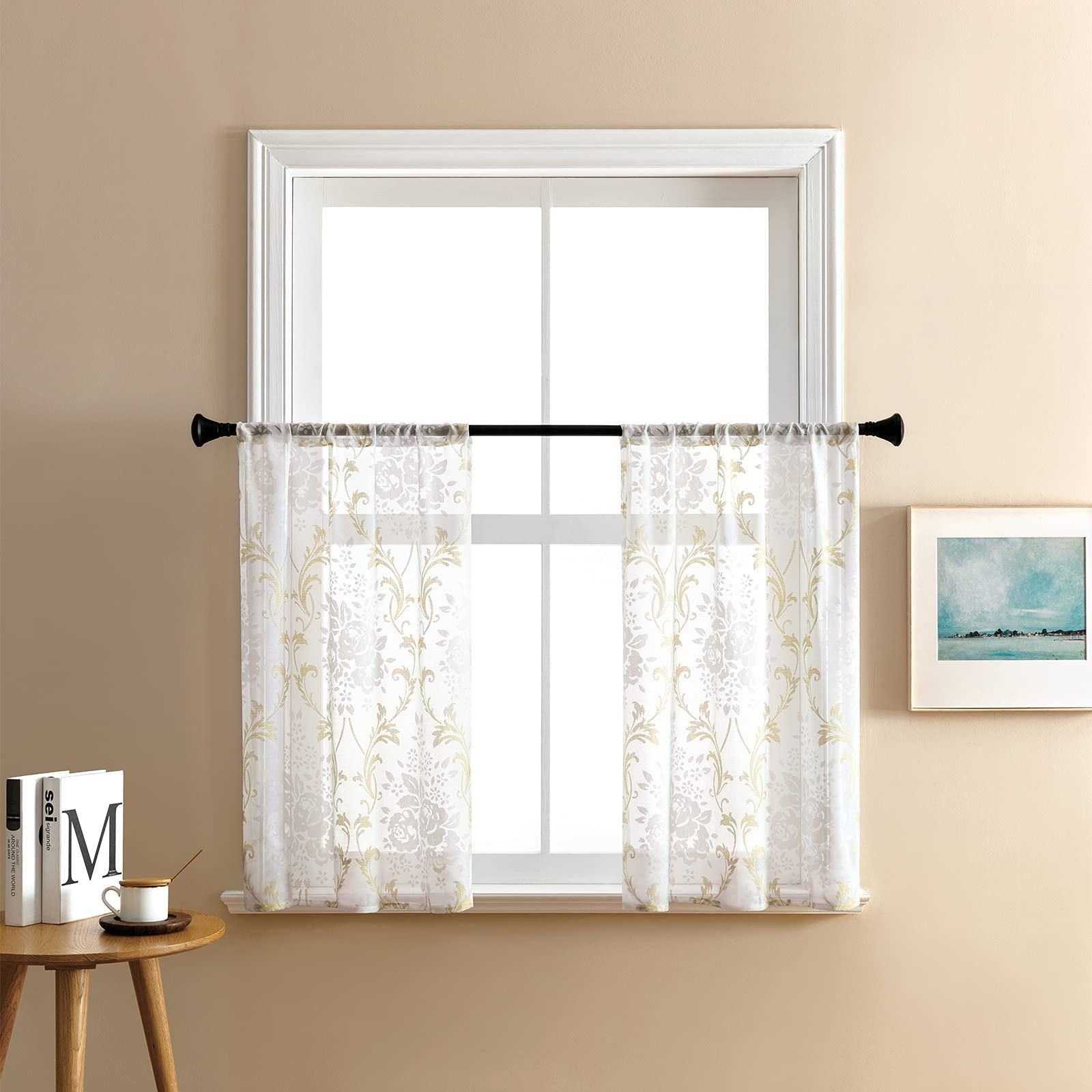 MRTREES Sheer Kitchen Curtains - Short Cafe Curtains with Rod Pocket, Small Scroll Damask Print Window Treatments for Bathroom, Basement (2 Panels, 25x24 Inches, Taupe on White) - Perfect for Farmhouse, Cottage & Vintage Style Decor