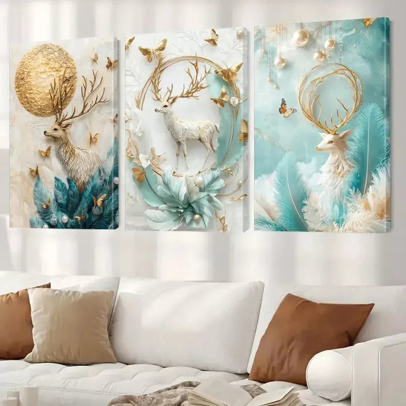 3pcs Elegant Anime Deer and Golden Moon Feather Wall Art Set - Framed Canvas Prints 50x70cm - High Quality Australian Made Home Decor - Perfect for Living Room, Bedroom & Office Decorations