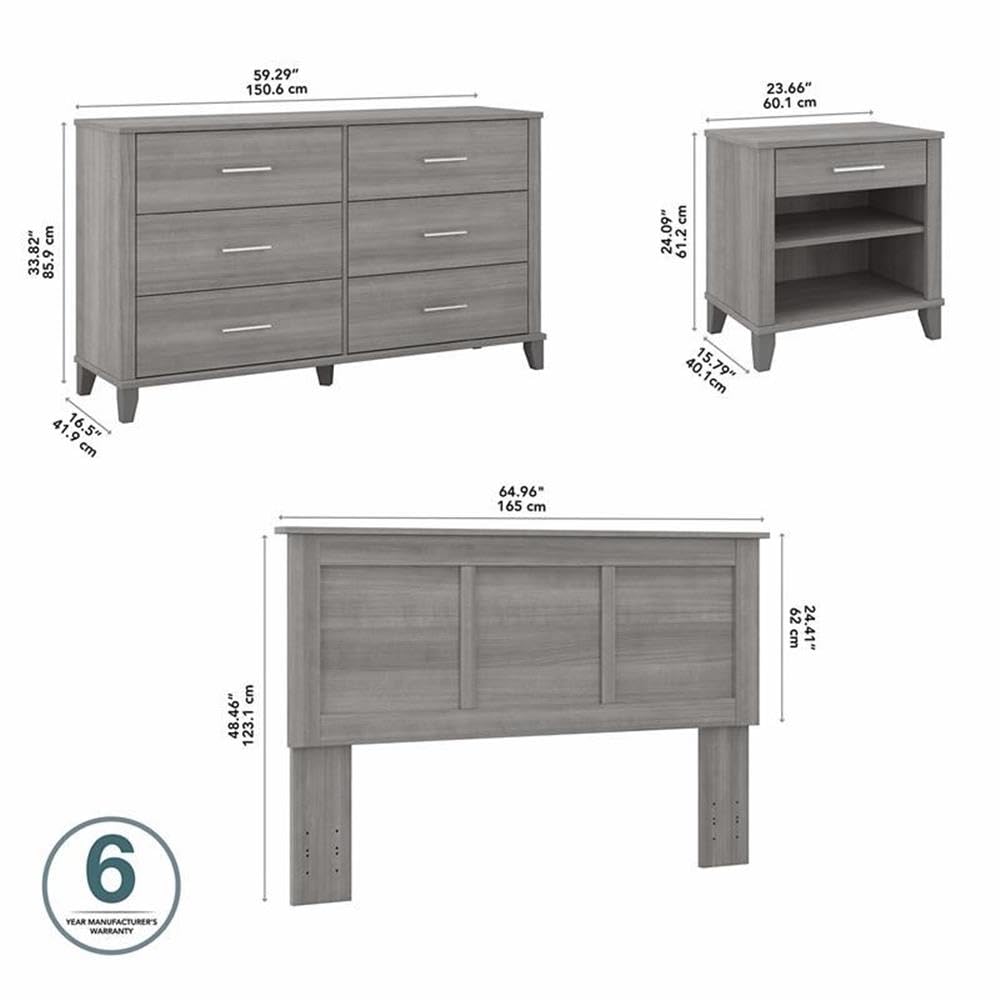Bush Furniture Somerset Full/Queen Bedroom Set with Headboard, Dresser & Nightstand in Platinum Gray - Modern Bedroom Furniture for Home & Guest Room Decor