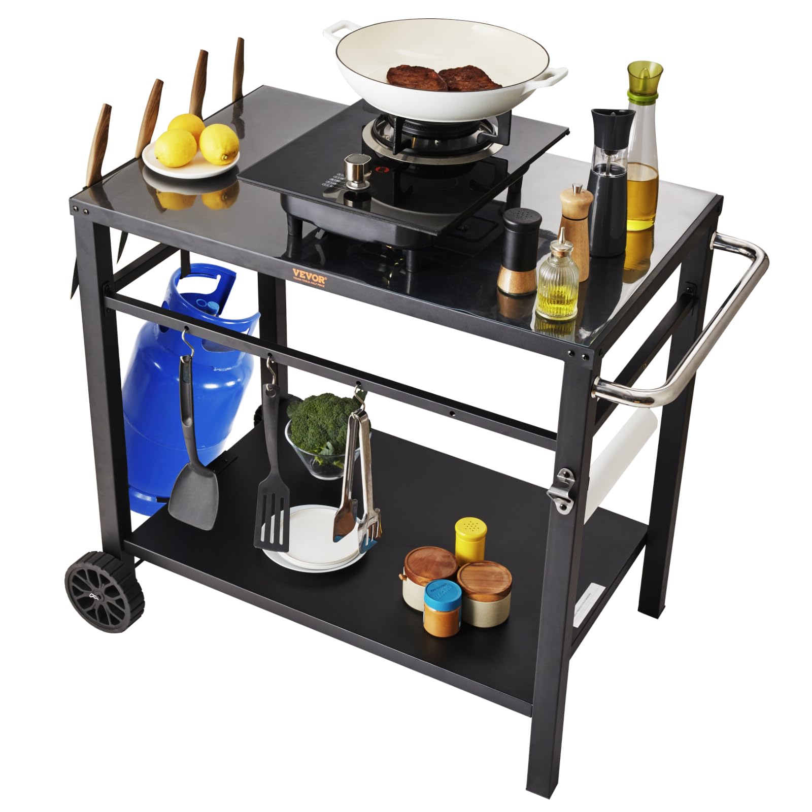 VEVOR Outdoor Grill Cart with Double-Shelf - Portable BBQ Food Prep Table with PVC Placemat & Black Iron Top | Modular Workstation for Pizza Oven, Camping, Backyard Cooking & Tailgating | Includes 2 Wheels & Carry Handle for Easy Mobility