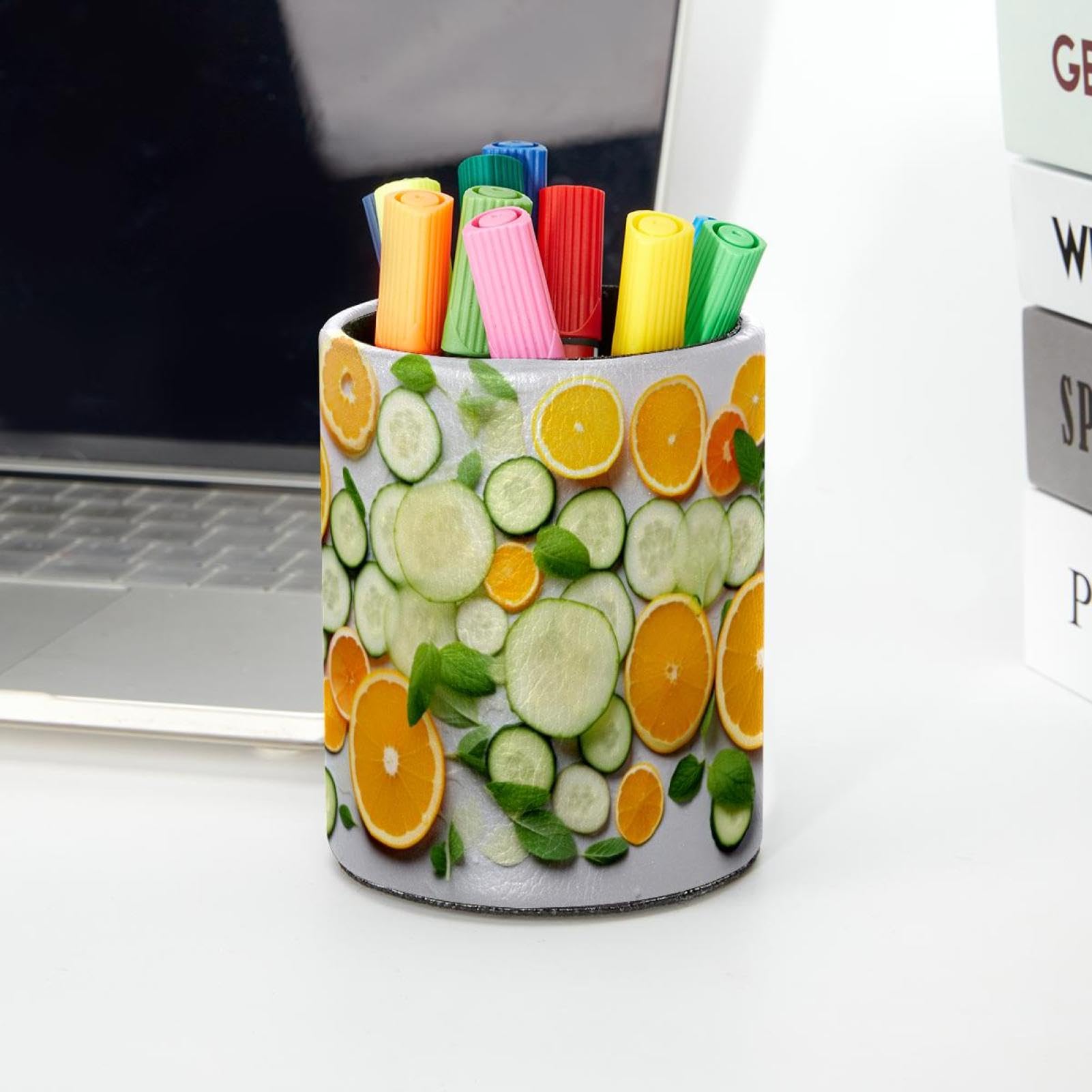 FVQL Pen Holder & Makeup Brush Organizer - Desk Pencil Cup with Orange & Cucumber Fruit Design - Perfect for Office, School, Vanity & Home Decor