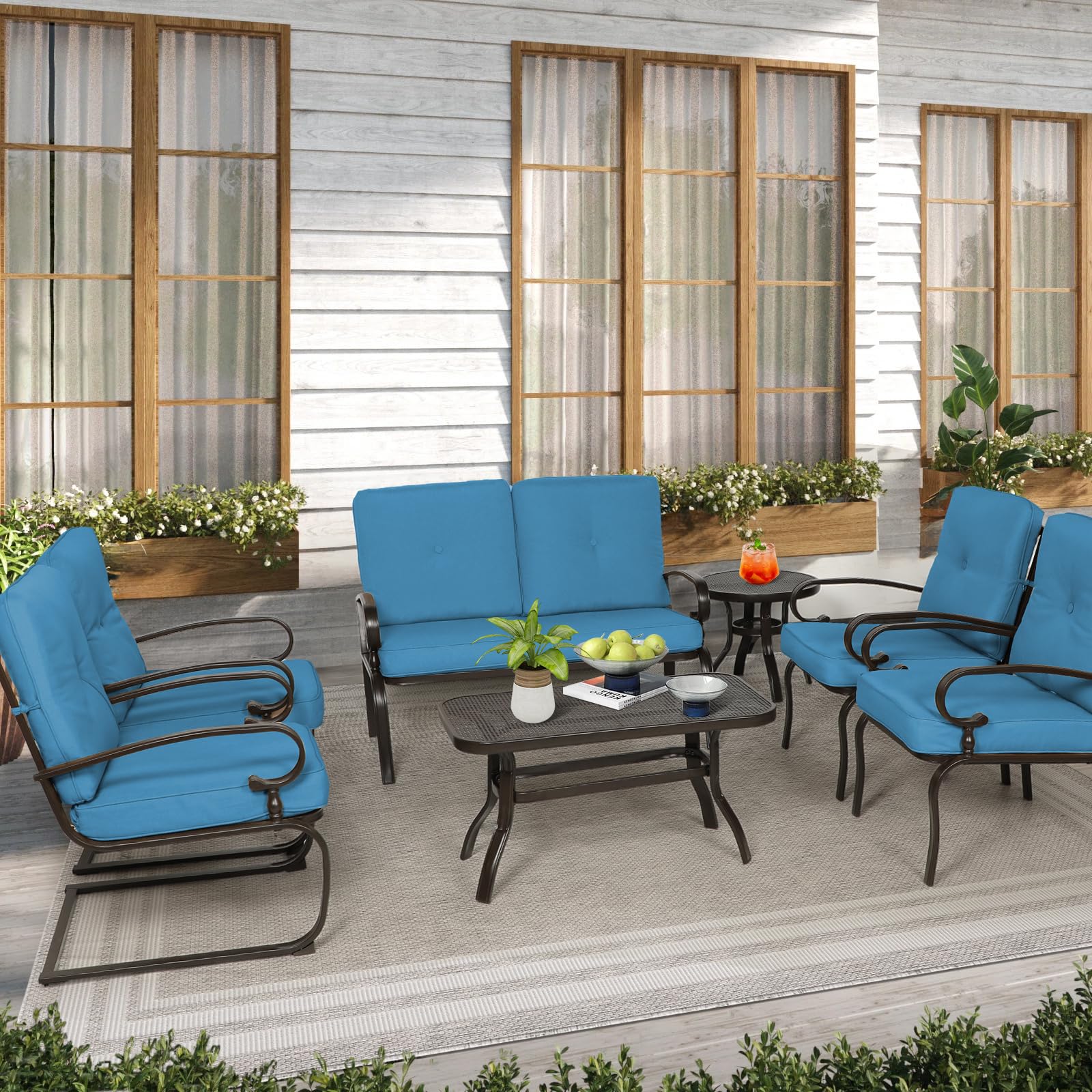 Oakcloud 7-Piece Wrought Iron Outdoor Patio Furniture Set with Cushions (Blue) - Includes Loveseat, Coffee Table, Bistro Table, 2 Spring Chairs & 2 Dining Chairs - Perfect for Garden, Backyard, Poolside or Terrace Relaxation