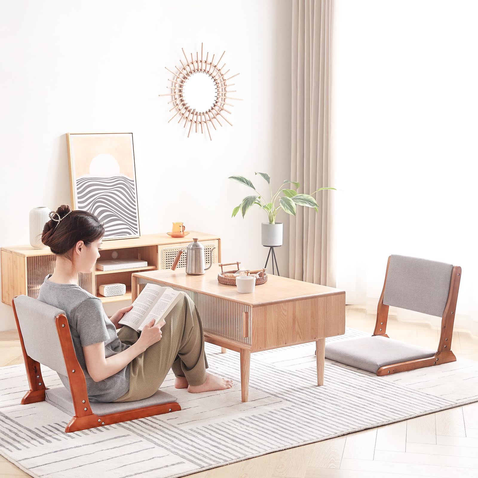 Foldable Tatami Floor Chair - Japanese Style Wooden Legless Backrest with Cushion - Meditation & Accent Seating for Bay Window, Living Room & Zen Decor - Walnut Grey