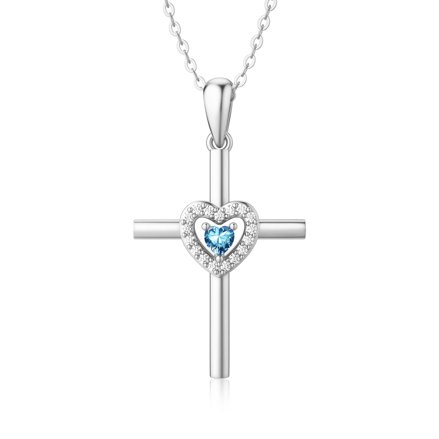 Sterling Silver Cross Necklace for Women - Heart Birthstone Pendant Religious Jewelry Gift for Mom, Teen Girls (18+2 Inches) | Perfect for Birthday, Baptism, Confirmation & Everyday Faith Wear