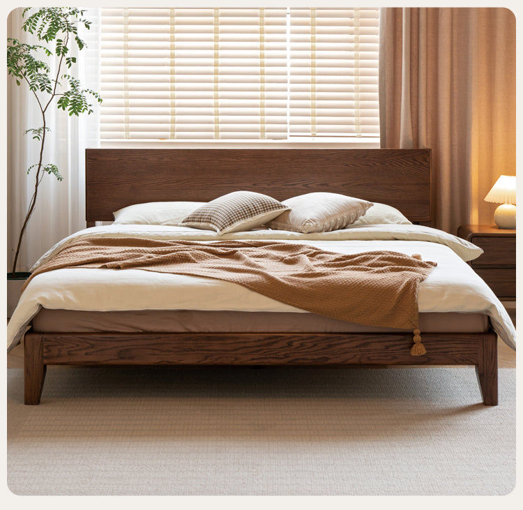 Solid Oak Wood Modern Bed Frame with LED Night Lights in Walnut Finish - Perfect for Bedroom Decor and Cozy Nighttime Ambiance