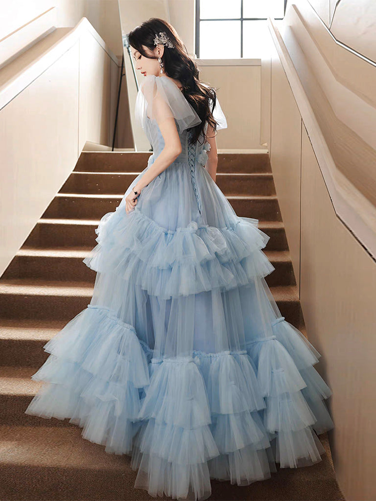 Elegant A-Line Tulle Blue Long Prom Dress for Women - Formal Evening Gown with Flowy Skirt - Perfect for Homecoming, Prom Night, and Special Occasions
