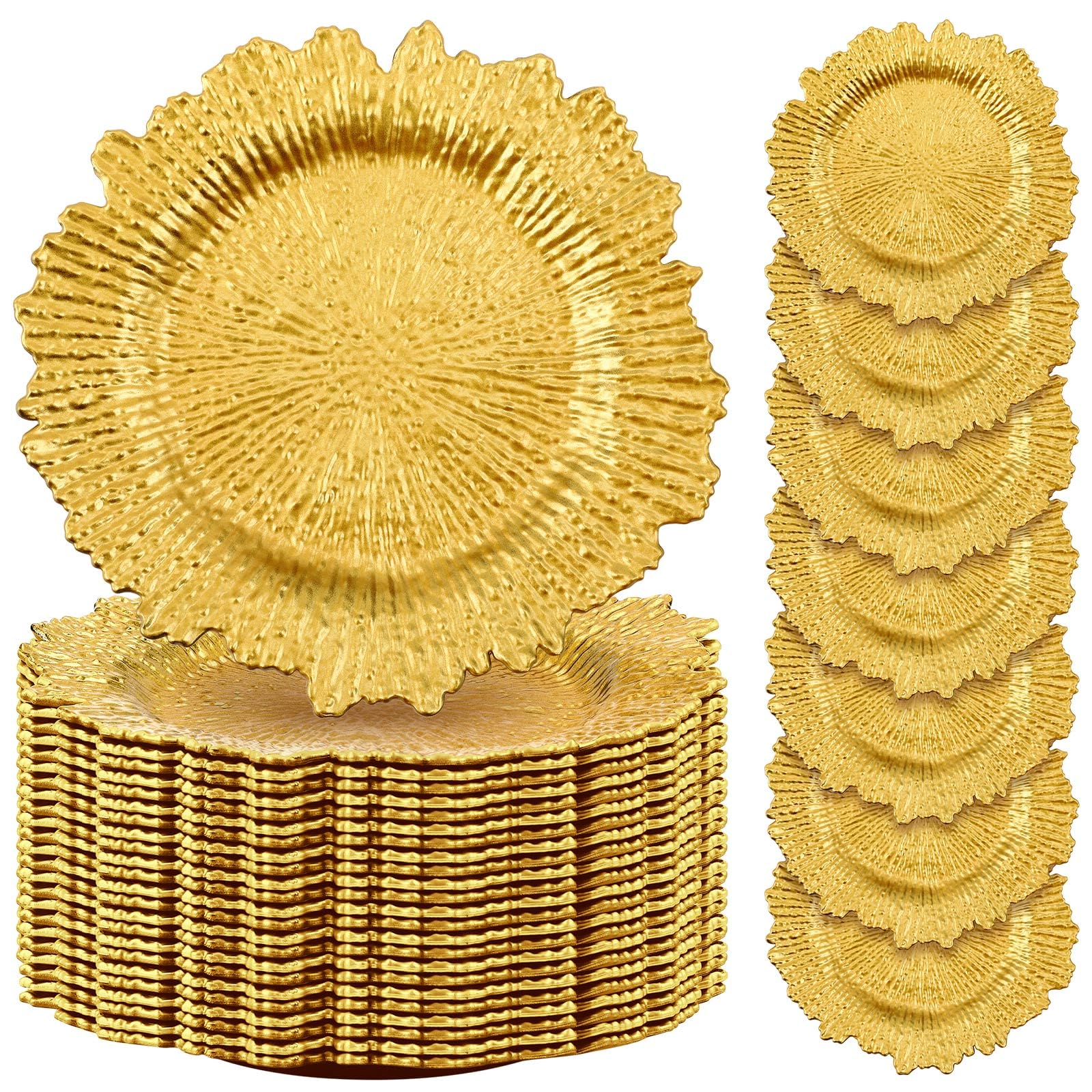 50 Pcs 13 Inch Gold Plastic Wedding Charger Plates - Floral Reef Design with Ruffled Rim - Elegant Decorative Dinner Plates for Wedding, Party & Event Table Settings - Perfect for Banquets, Bridal Showers & Formal Dining Decorations