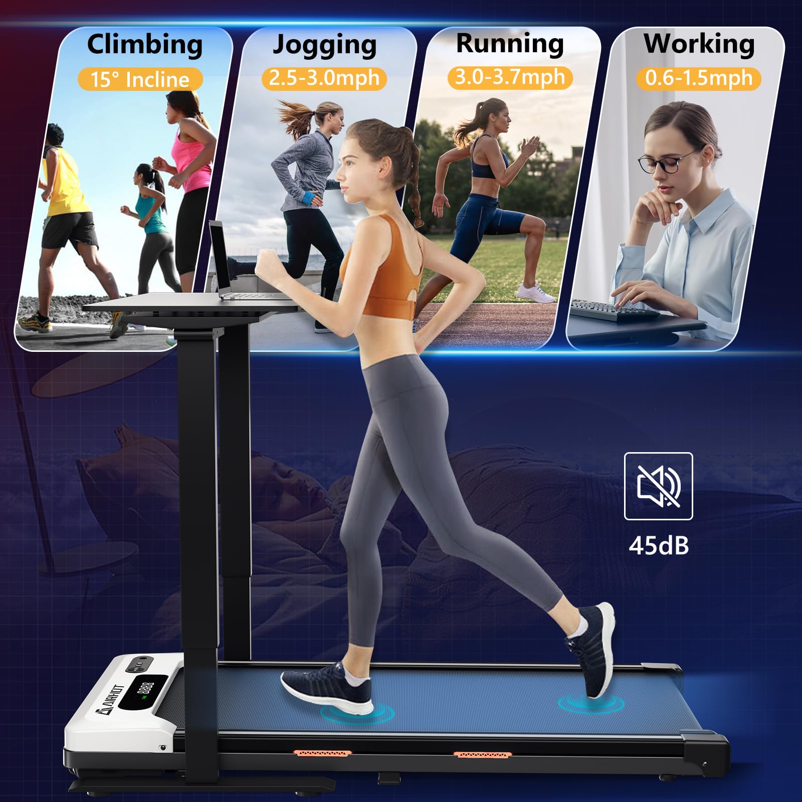 4 in 1 Under Desk Treadmill with Incline - 2.5HP Portable Walking Pad for Home Office, Jogging & Walking - Quiet Low-Noise Design with LED Display & Remote Control Lanyard - Perfect for Small Spaces, Work from Home Fitness & Apartment Workouts
