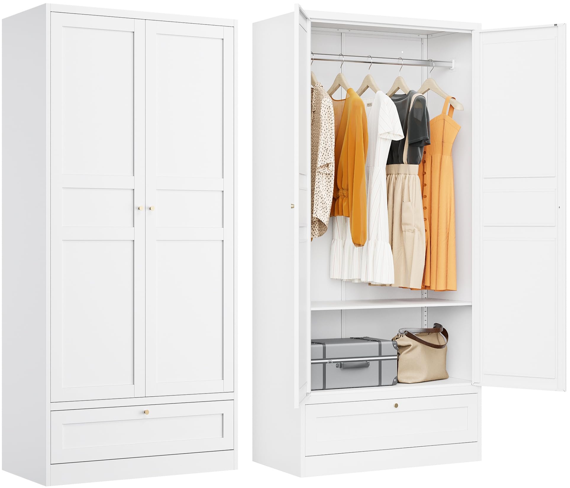 White Metal Wardrobe Cabinet with Drawer, Hanging Rod & Adjustable Shelves - Spacious Armoire Closet with Doors for Bedroom, Clothes Storage & Home Organization