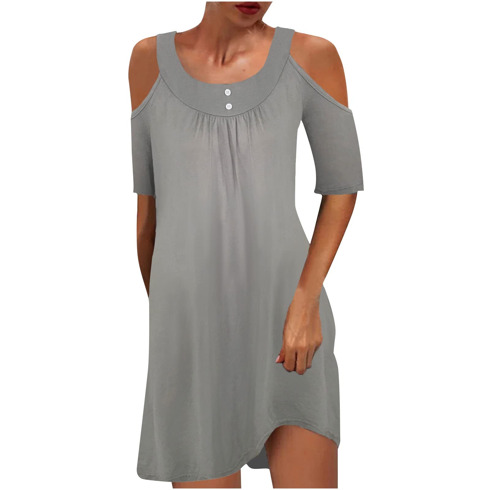Penkiiy Women's Summer Short Sleeve Cold Shoulder Midi Dress - Casual Loose Swing T-Shirt Dress for Women 2022 | Perfect for Beach, Vacation, and Everyday Wear