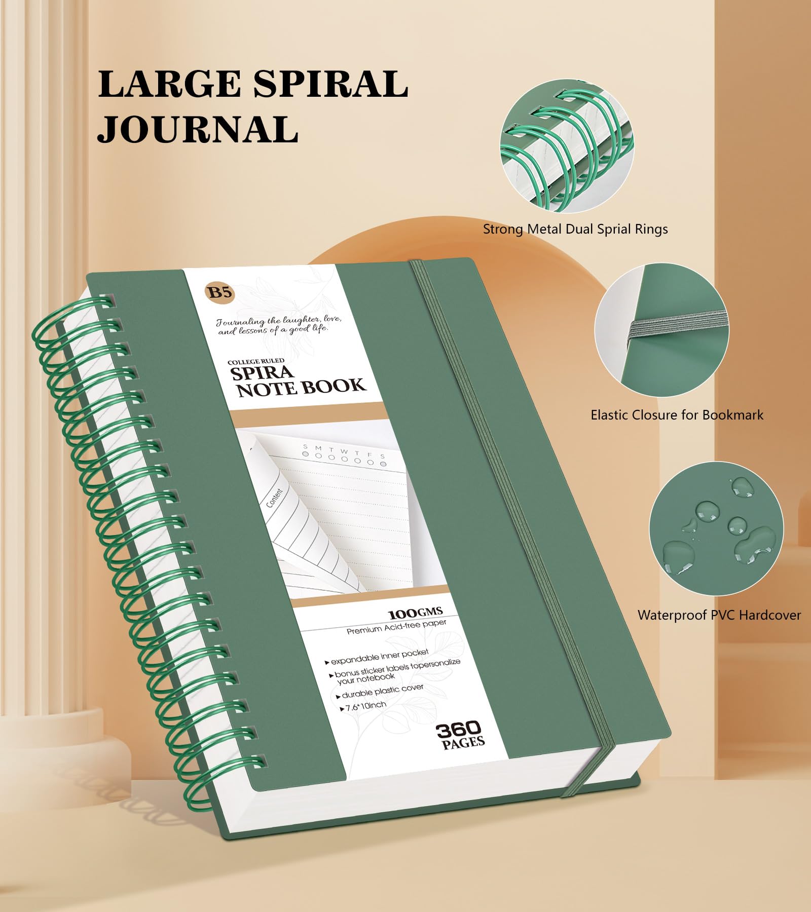 Premium Spiral Notebook Journal - 360 Pages College Ruled Lined Notebook for Women & Men, A5 Thick Writing Journal with 100GSM Paper, 5.5