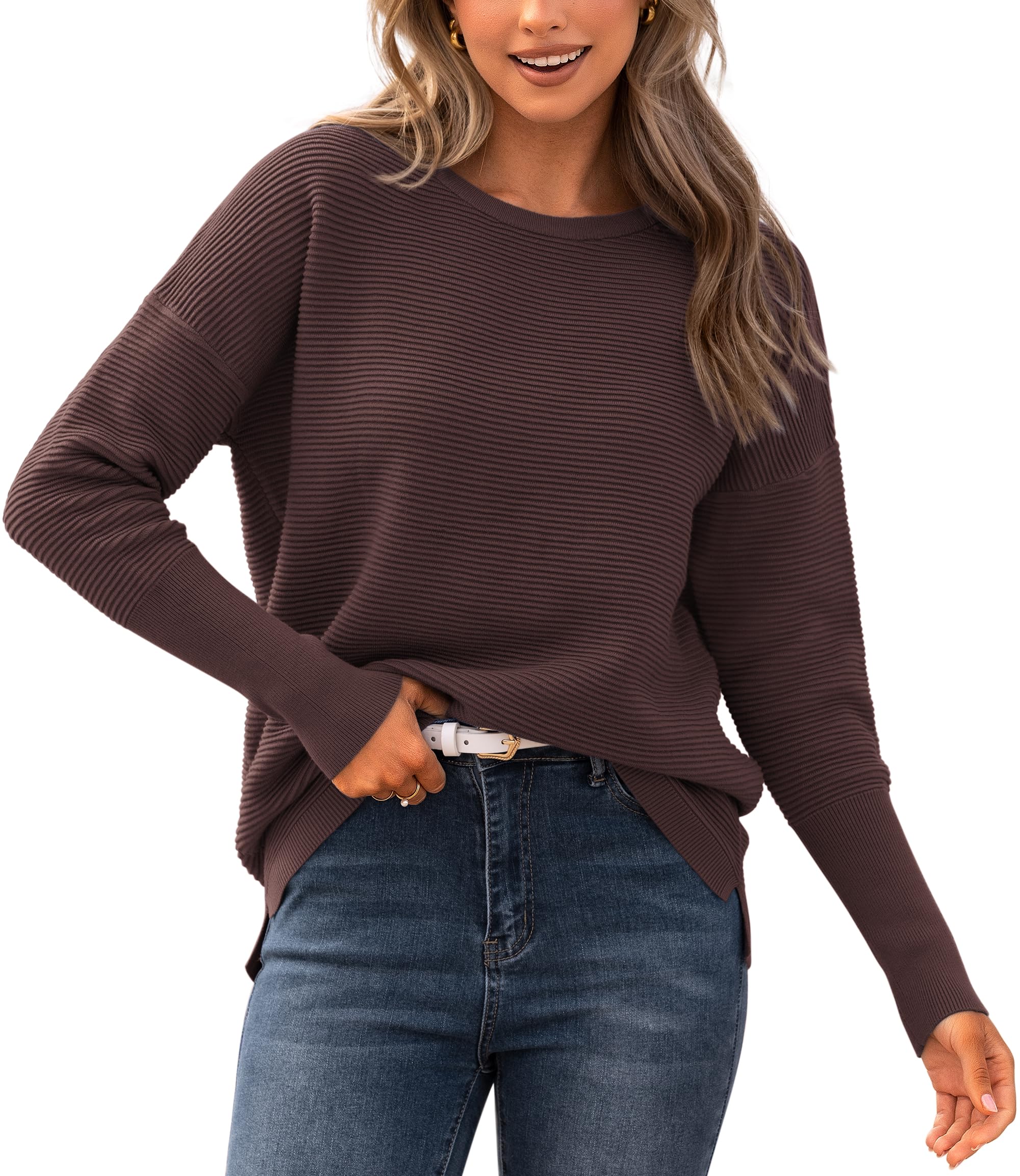 BTFBM Women's Casual Ribbed Knit Pullover Sweater - Long Sleeve Loose Crewneck Batwing Split Top for Fall 2025 | Perfect for Autumn Layering, Office Wear & Weekend Outfits
