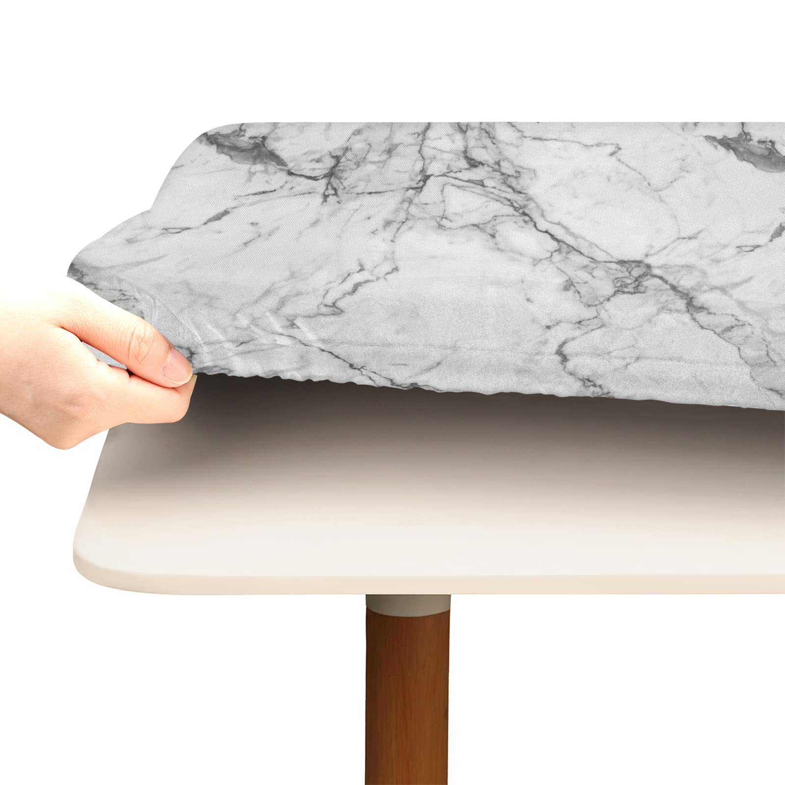 White Gray Marble Square Tablecloth with Elastic Edge - Waterproof Wipeable Modern Art Fitted Table Cover for Dining Kitchen Party (46x46 Inch) - Perfect for Indoor Outdoor Patio Tables, Weddings & Holiday Decor