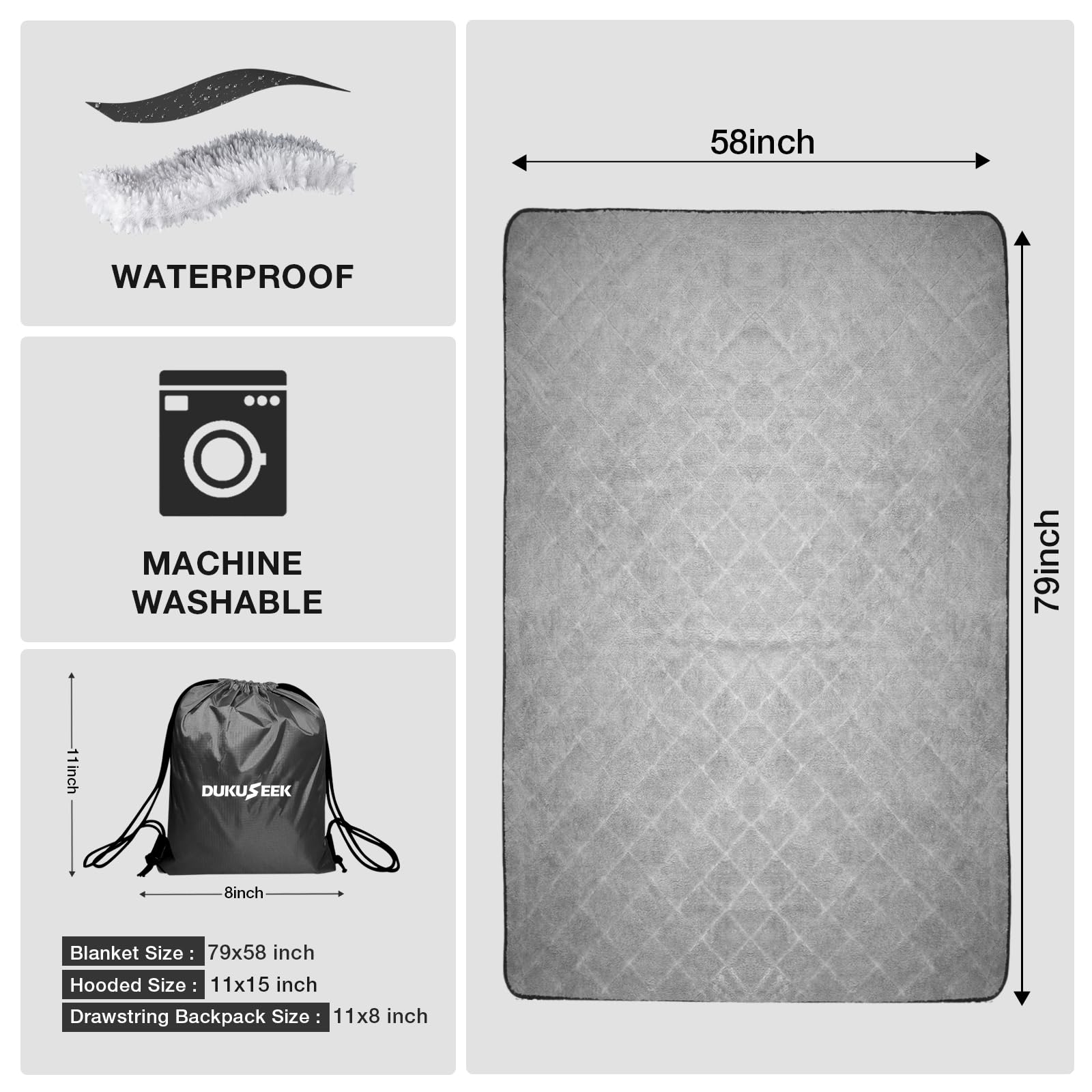 DUKUSEEK Sherpa Waterproof Camping Blanket with Hood - Extra Warm Large Fleece Outdoor Blanket for Camping, Hiking, Picnics, Stadium Events, Boating & Car Travel - Windproof Cold Weather Blanket for Winter Sports & Outdoor Adventures