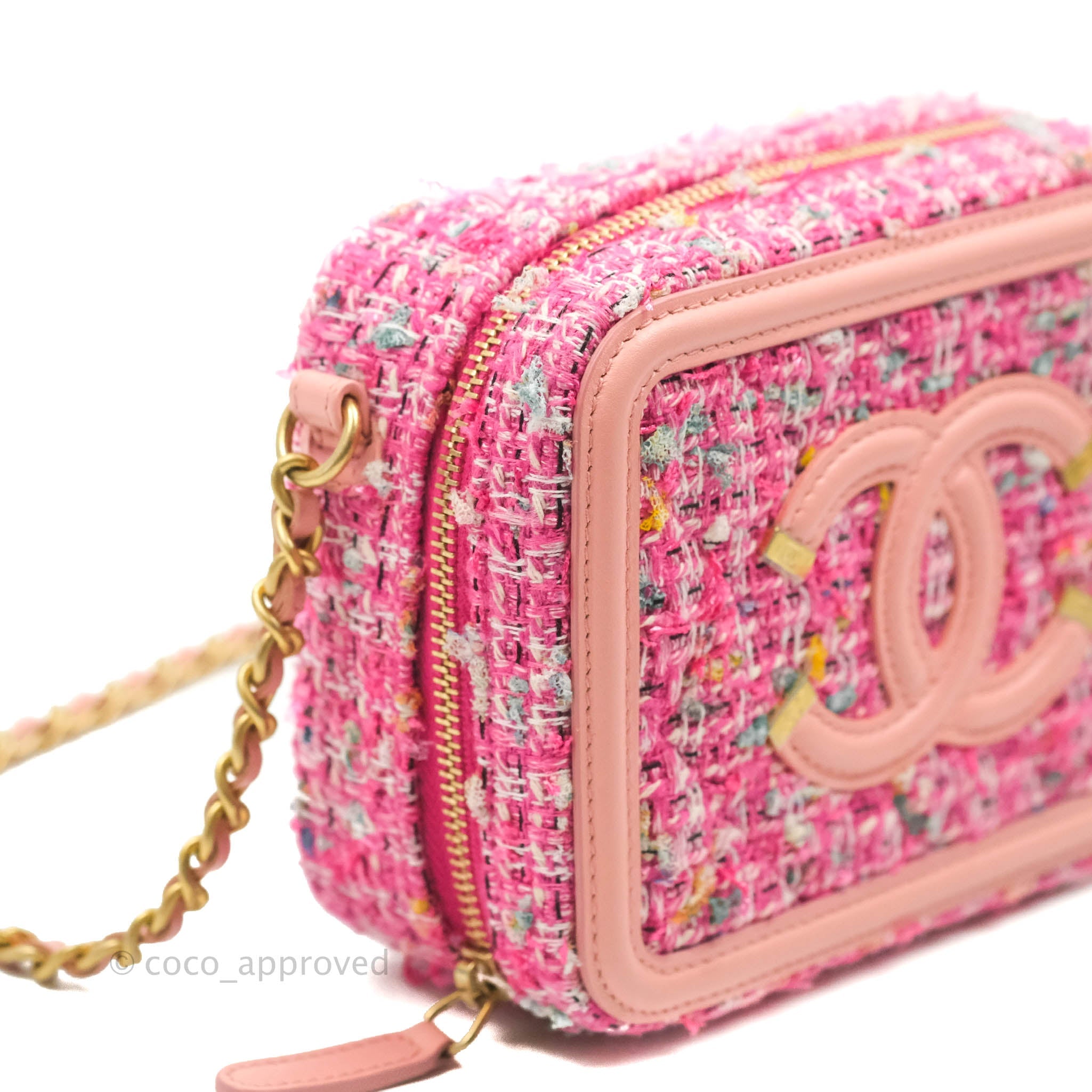 Chanel CC Filigree Vanity Clutch With Chain - Pink Tweed Crossbody Bag for Women | Luxury Designer Clutch Purse for Evening Parties, Weddings & Special Occasions