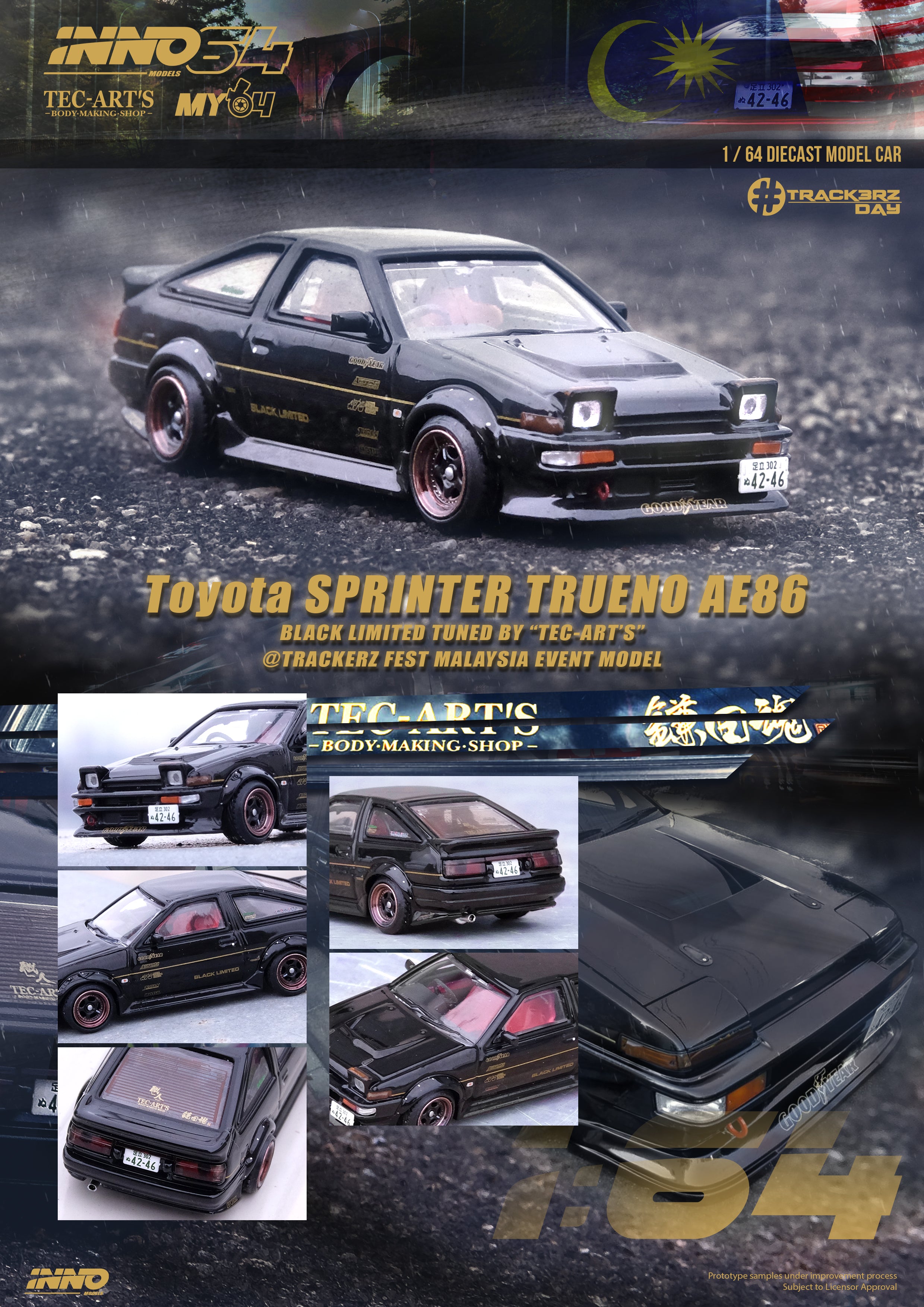 INNO64 1:64 Scale Toyota Sprinter Trueno AE86 Tuned by TEC ART - TrackerZ Day Malaysia Limited Edition Diecast Model Car for Collectors & Racing Enthusiasts | Perfect for Display, Gifts & Car Shows