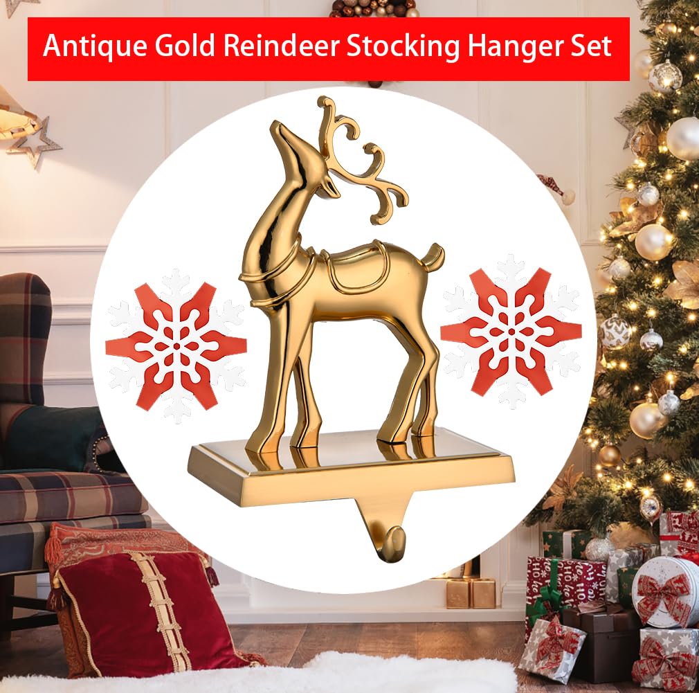 Reindeer Christmas Stocking Hangers for Mantel - Set of 4 Antique Gold Fireplace Stocking Holders, Xmas Mantel Hooks for Hanging Stockings & Ornaments - Perfect for Holiday Decor & Festive Fireplace Displays
