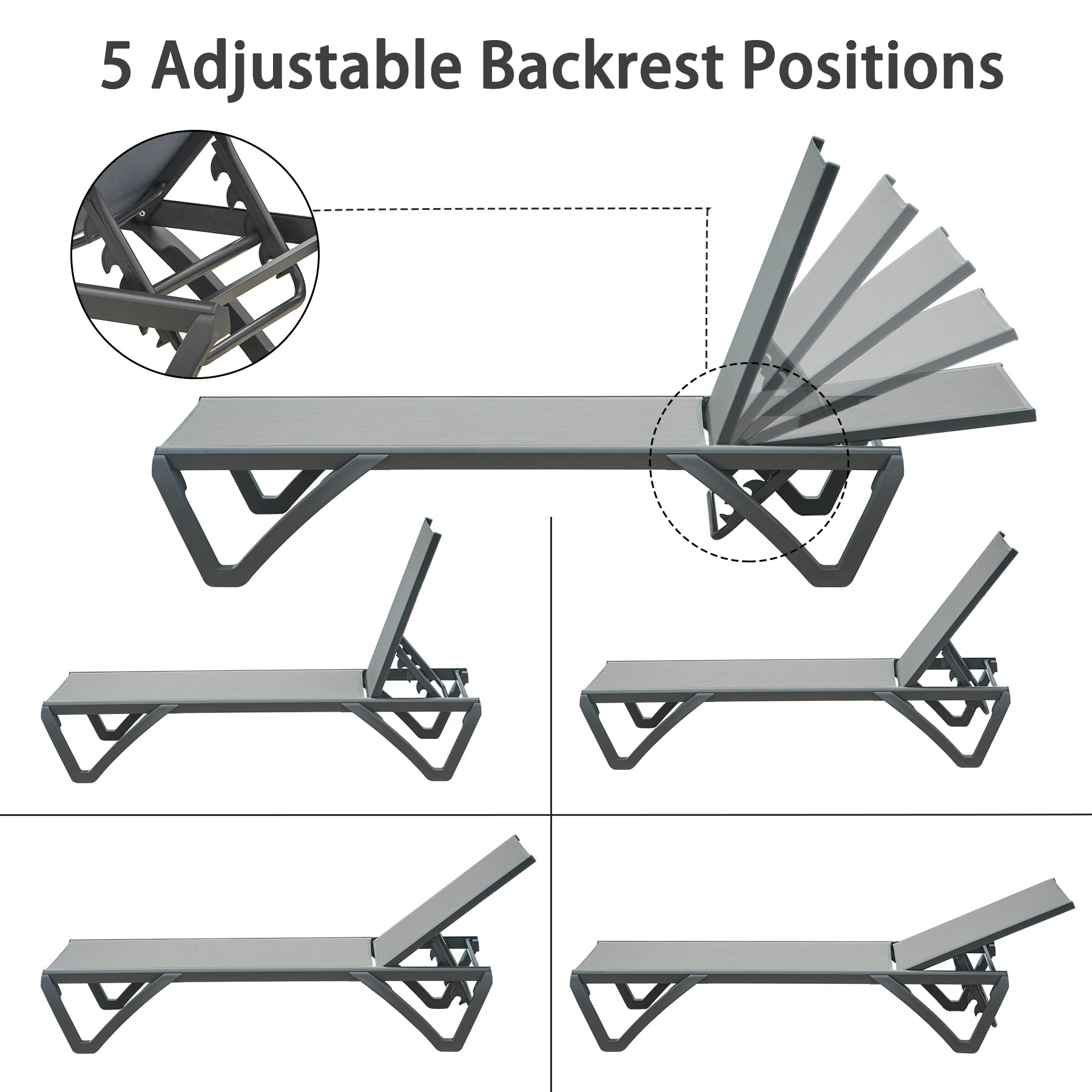 Domi Patio Chaise Lounge Chair Set of 3 - Outdoor Aluminum & Polypropylene Sunbathing Chairs with 5 Adjustable Positions & Side Table - Perfect for Beach, Yard, Balcony, Poolside & Backyard Relaxation (2 Grey Chairs with Table Included)