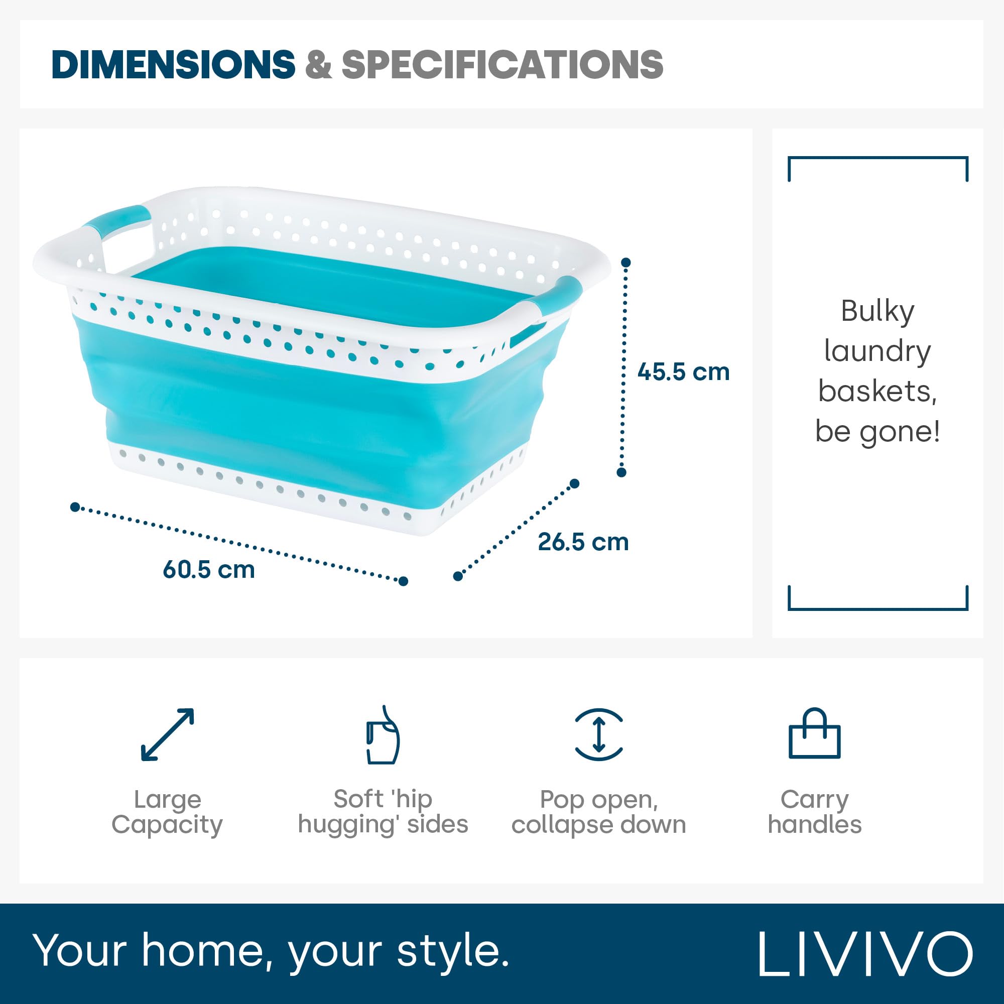 LIVIVO Collapsible Laundry Basket - 58L Large Capacity Foldable Washing Bin with Comfortable Handles - Space Saving Storage Solution for Laundry Room, Dorm, RV & Travel (Turquoise)