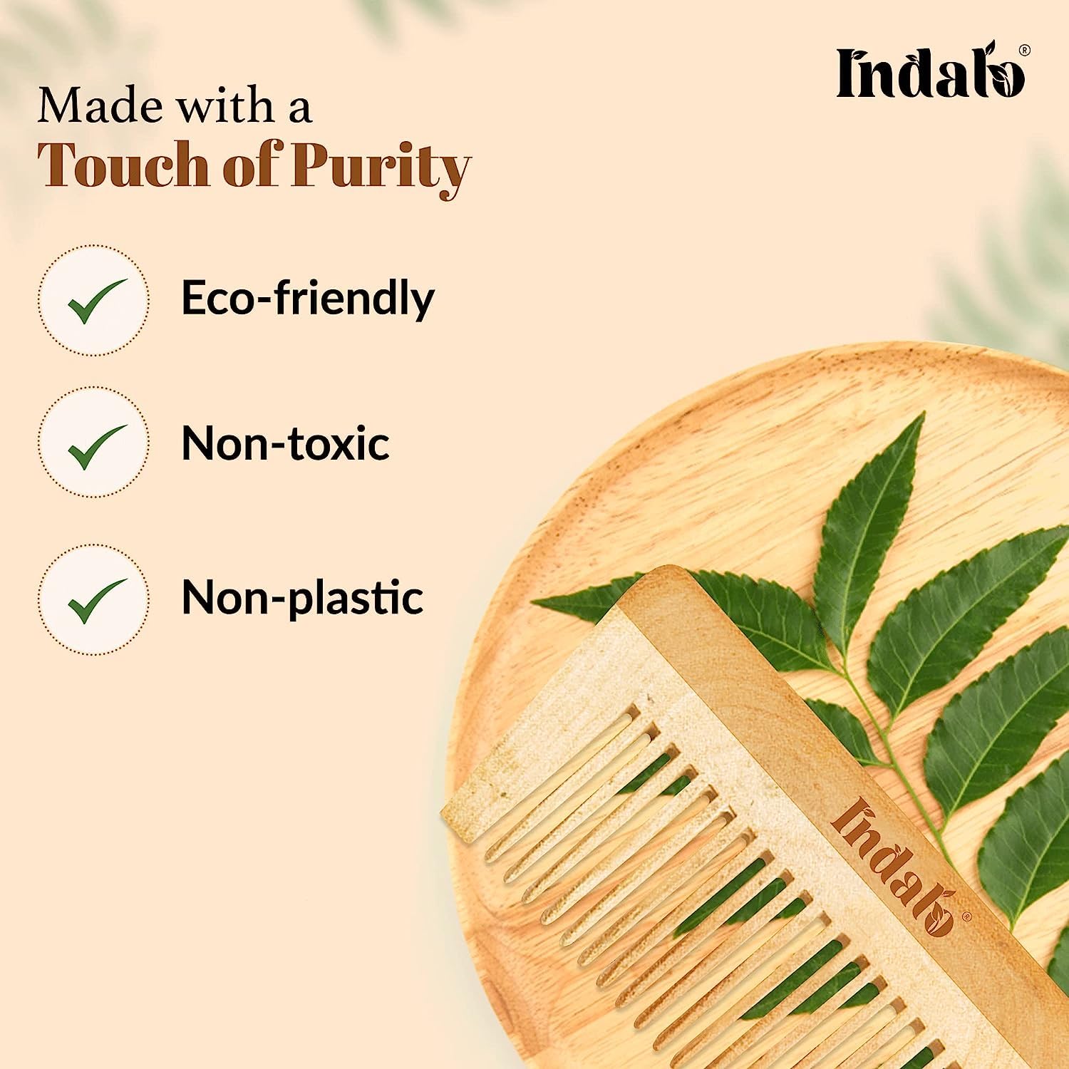Indalo Kacchi Neem Wooden Comb for Men & Women – Natural Hair Care Comb Reduces Hair Fall, Breakage & Dandruff – Ayurvedic Wood Comb for Healthy Scalp & Shiny Hair – Perfect for Daily Hair Detangling & Scalp Massage at Home or Travel